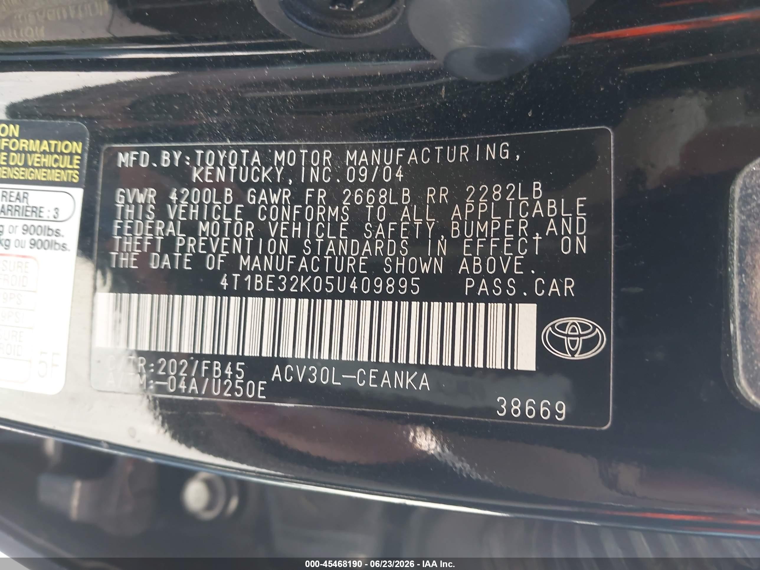 2005 Toyota Camry Le Black vin: 4T1BE32K05U409895