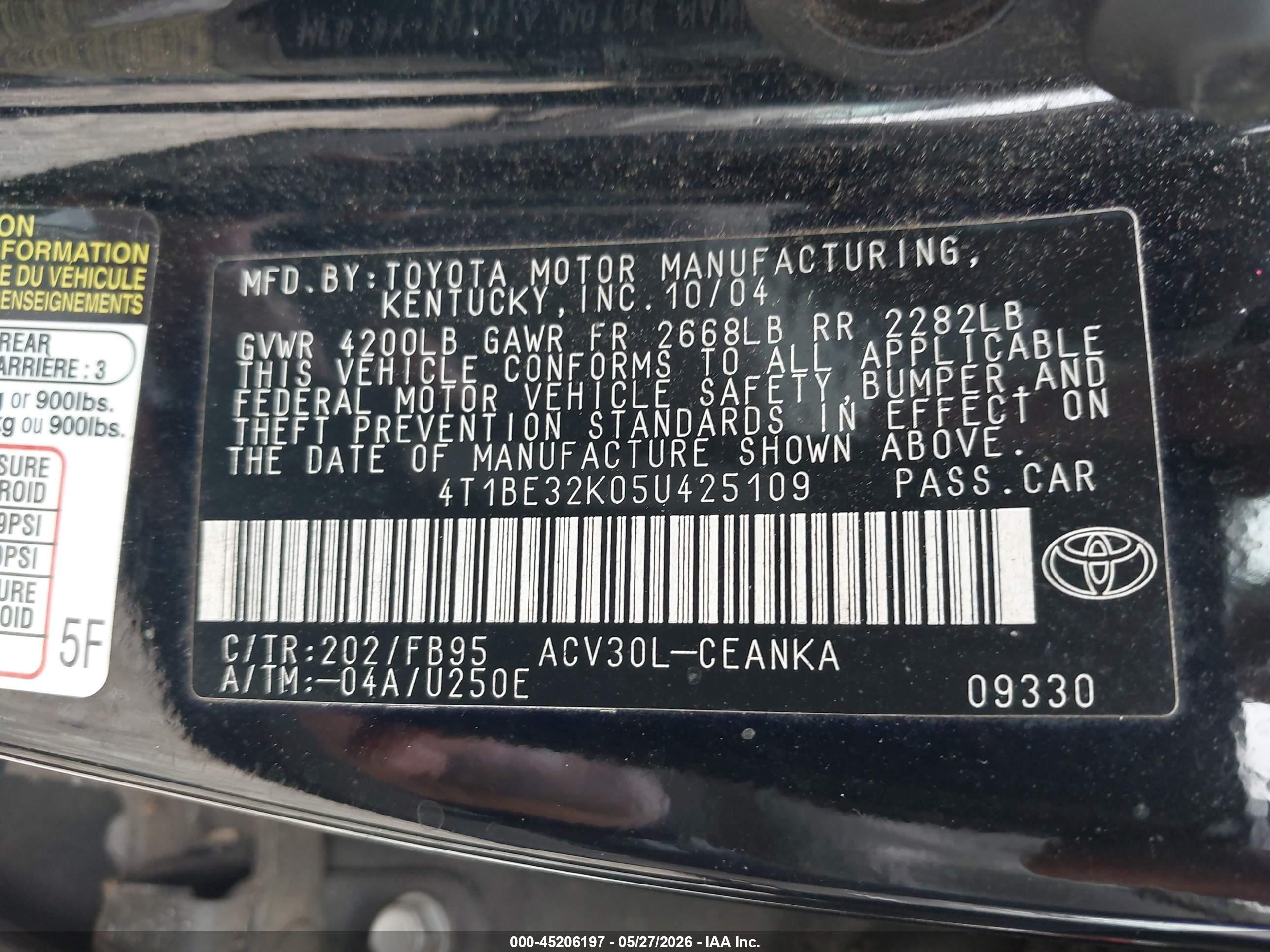 2005 Toyota Camry Le Black vin: 4T1BE32K05U425109