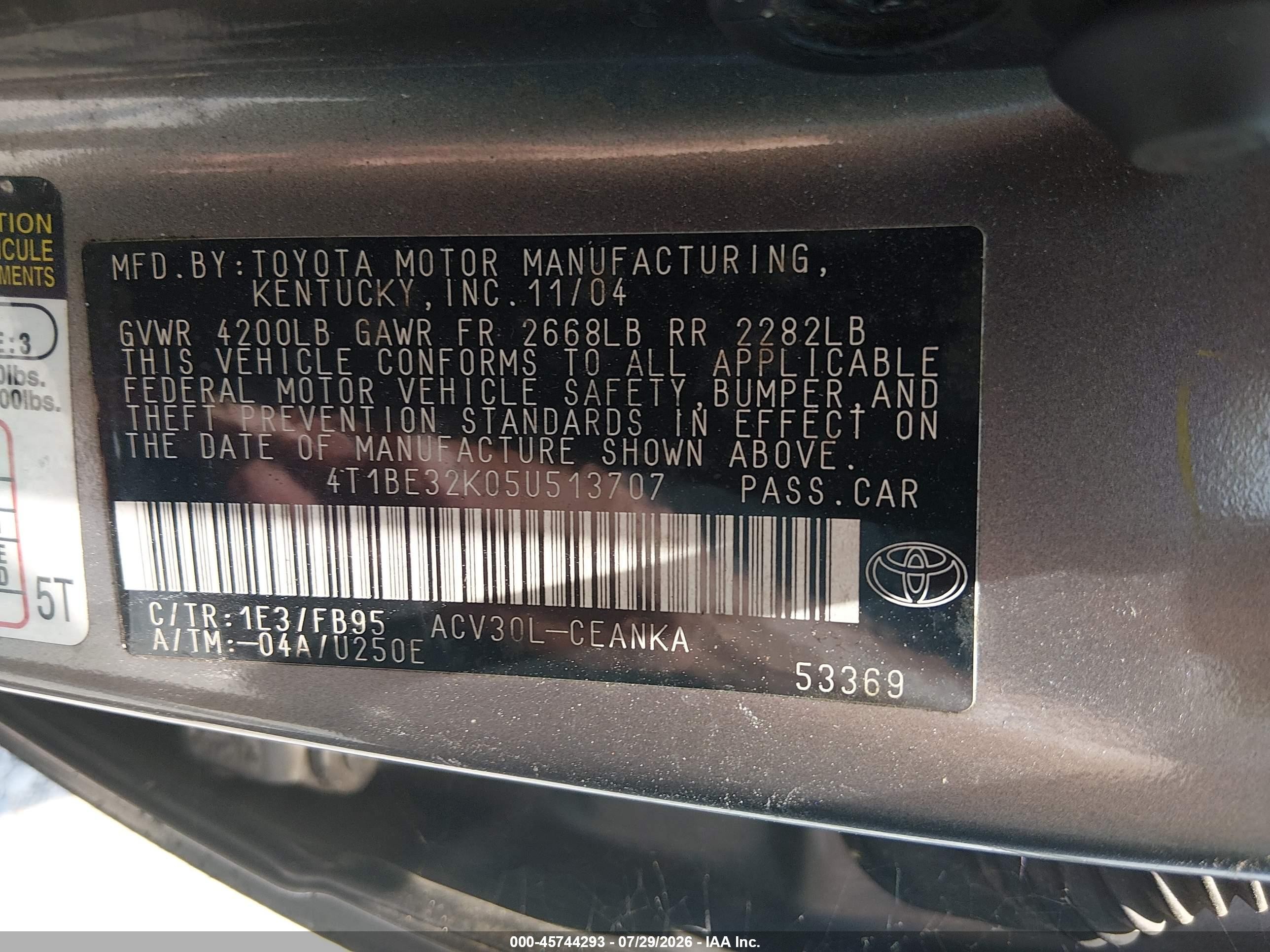 2005 Toyota Camry Std Tan vin: 4T1BE32K05U513707