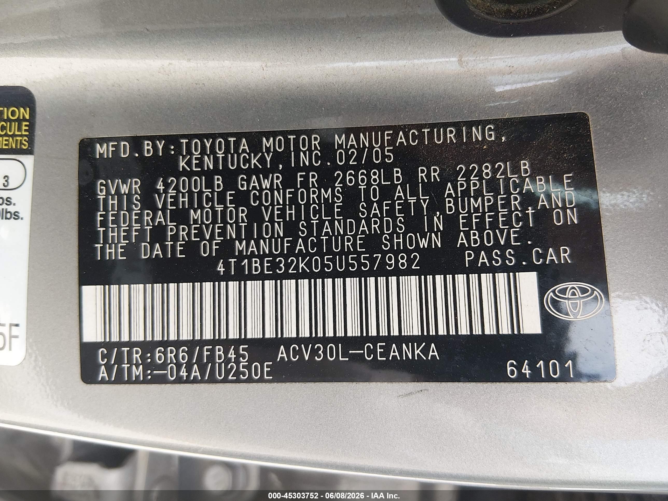 2005 Toyota Camry Le Серый vin: 4T1BE32K05U557982