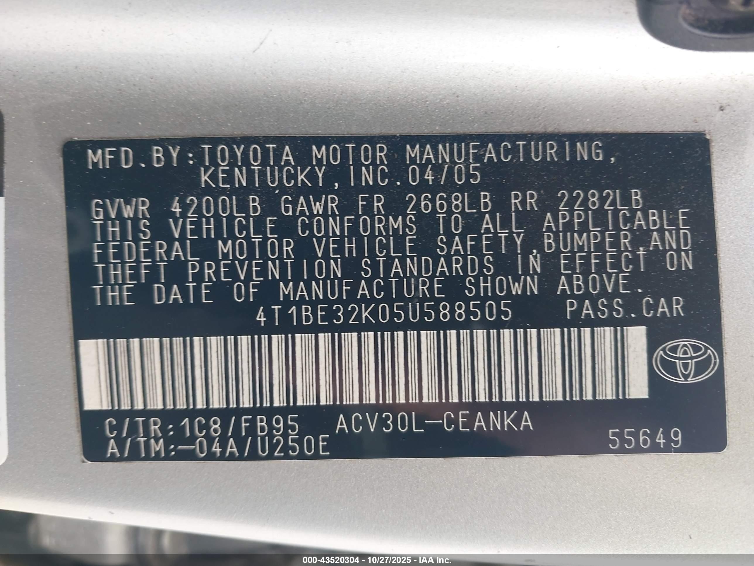 2005 Toyota Camry Le Silver vin: 4T1BE32K05U588505