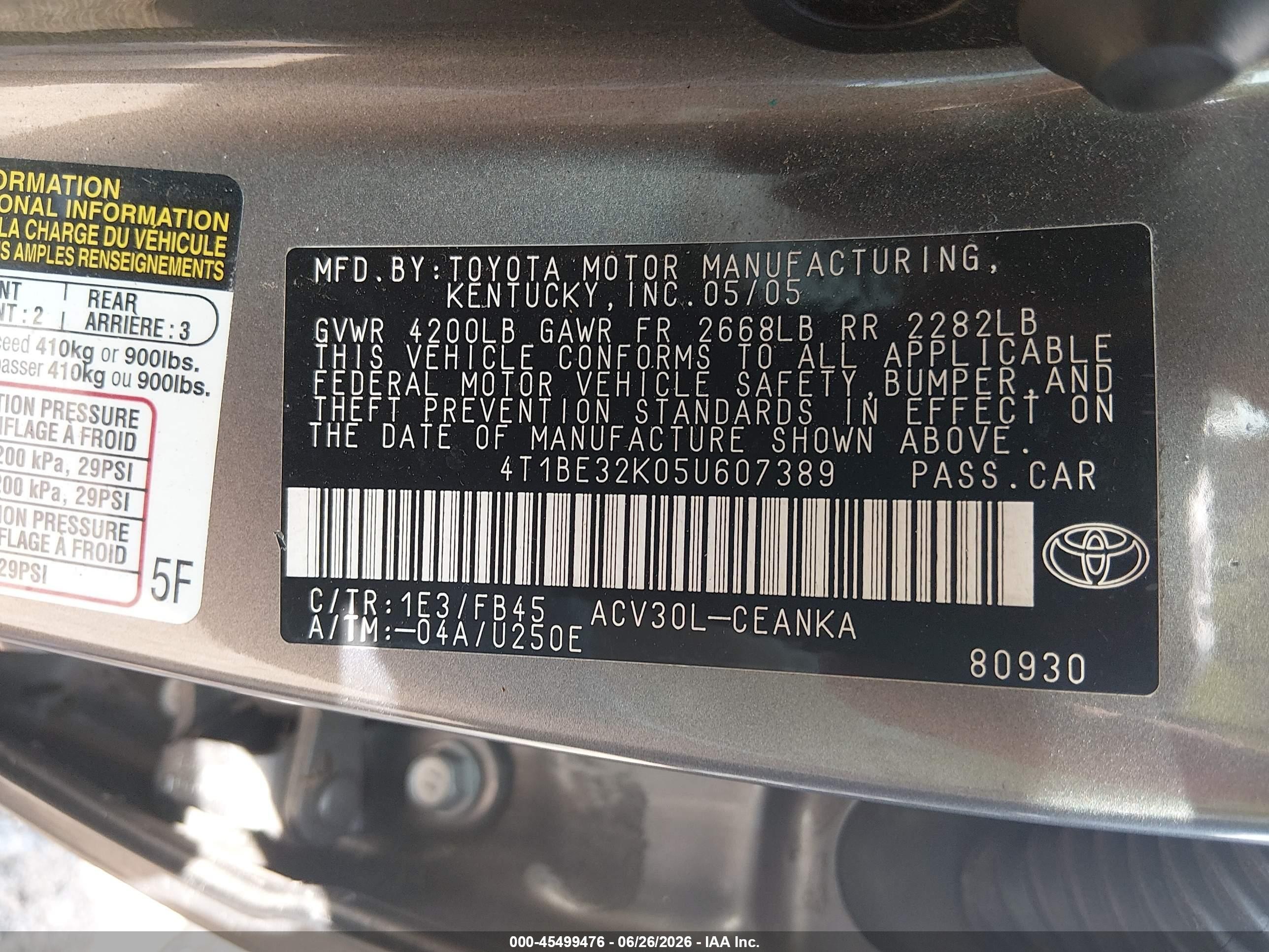 2005 Toyota Camry Le Gray vin: 4T1BE32K05U607389