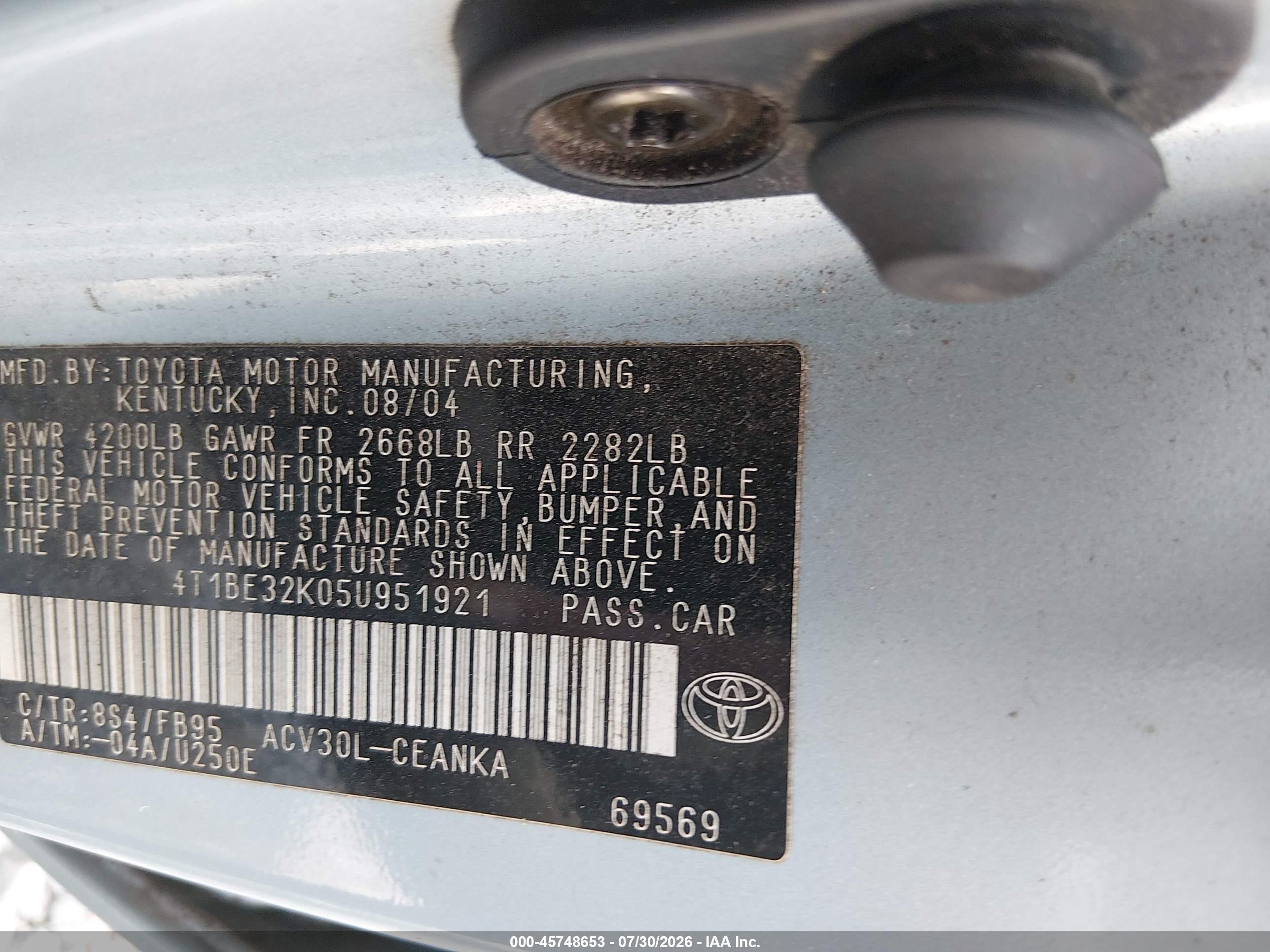 2005 Toyota Camry Le Синий vin: 4T1BE32K05U951921