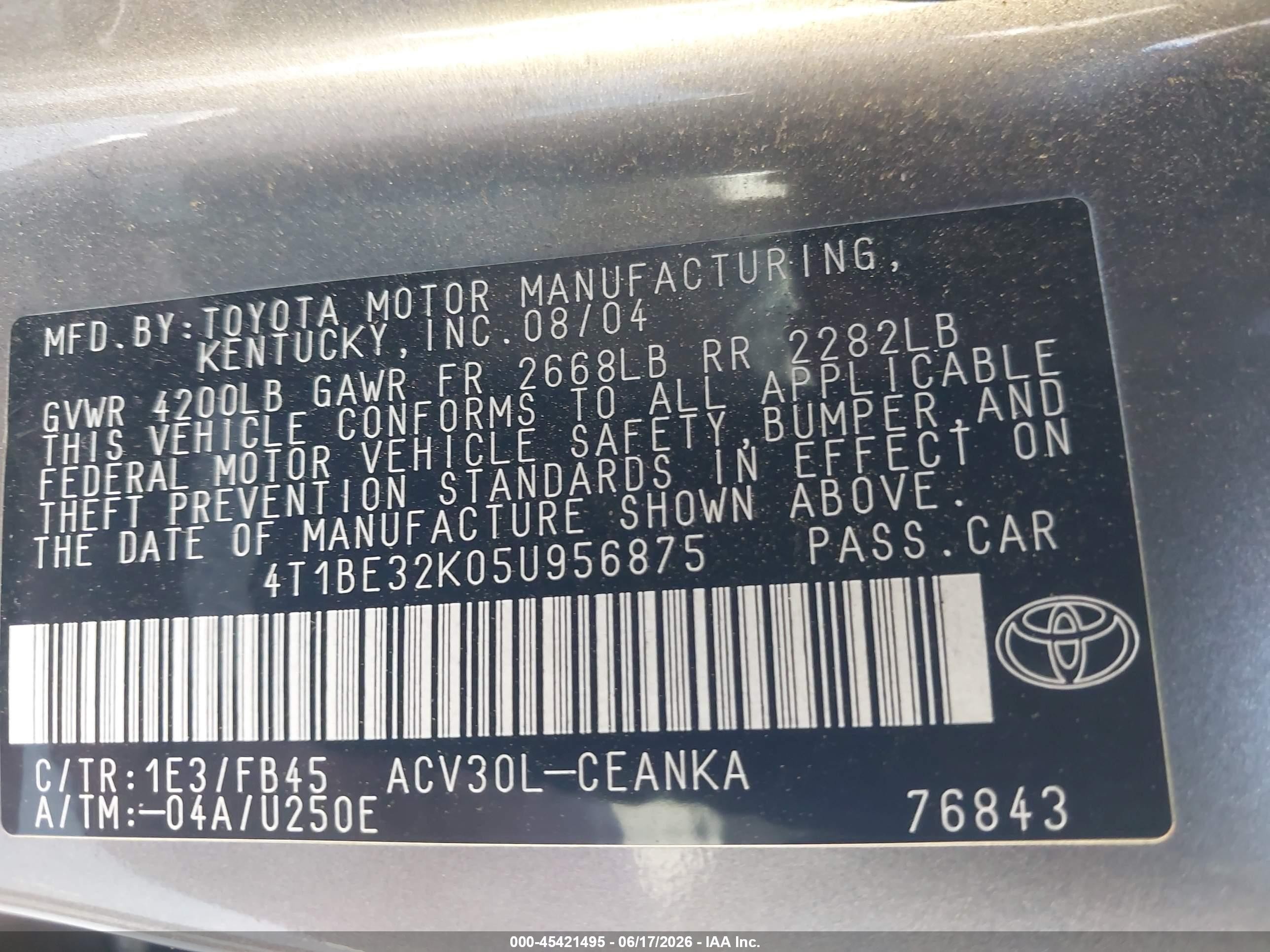 2005 Toyota Camry Le Gray vin: 4T1BE32K05U956875