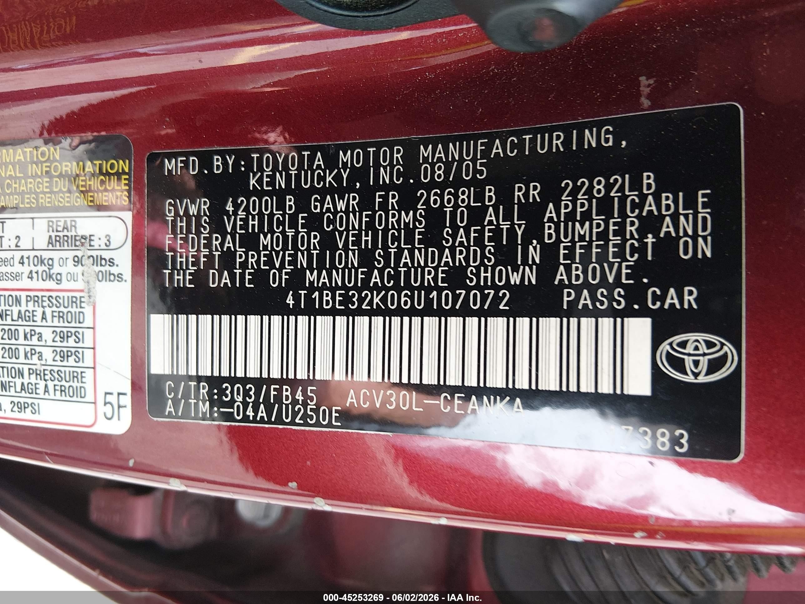 2006 Toyota Camry Le Бордовый vin: 4T1BE32K06U107072