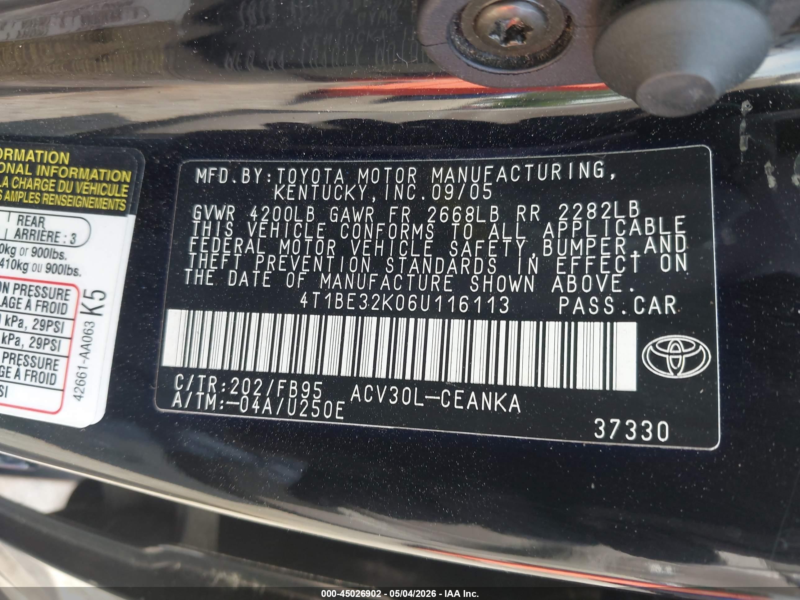 2006 Toyota Camry Std Black vin: 4T1BE32K06U116113