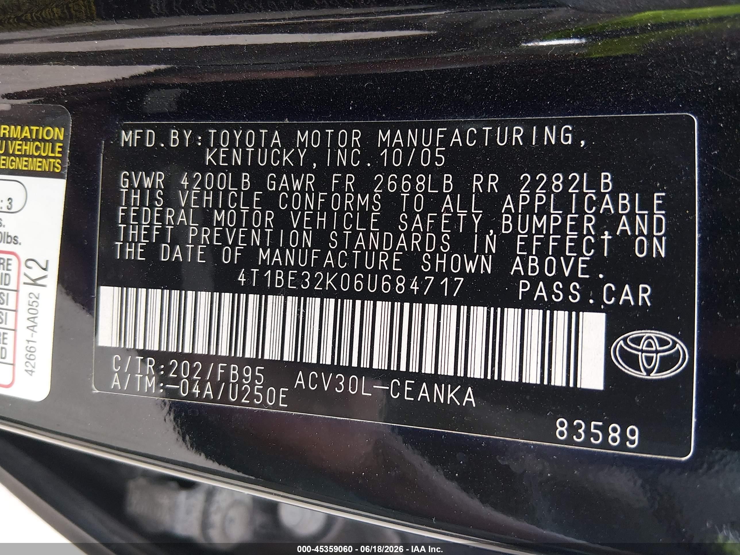 2006 Toyota Camry Le Black vin: 4T1BE32K06U684717