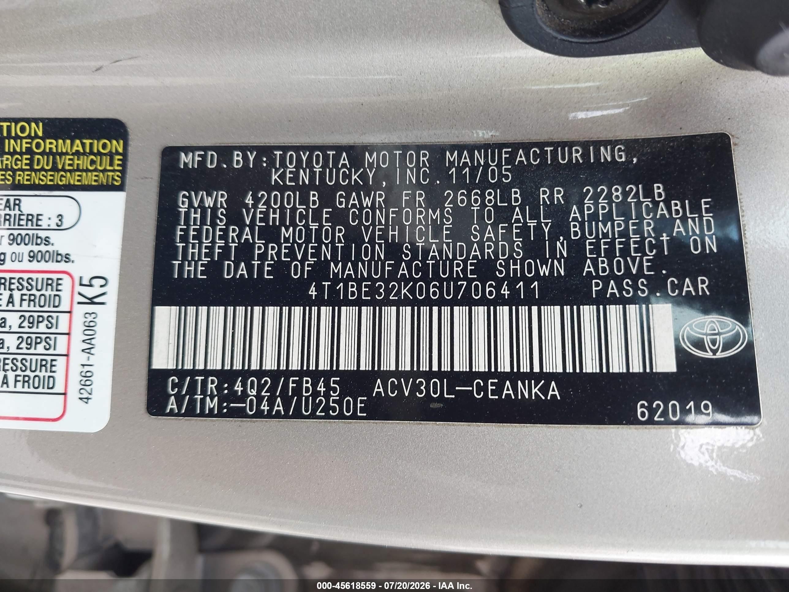 2006 Toyota Camry Std Champagne vin: 4T1BE32K06U706411