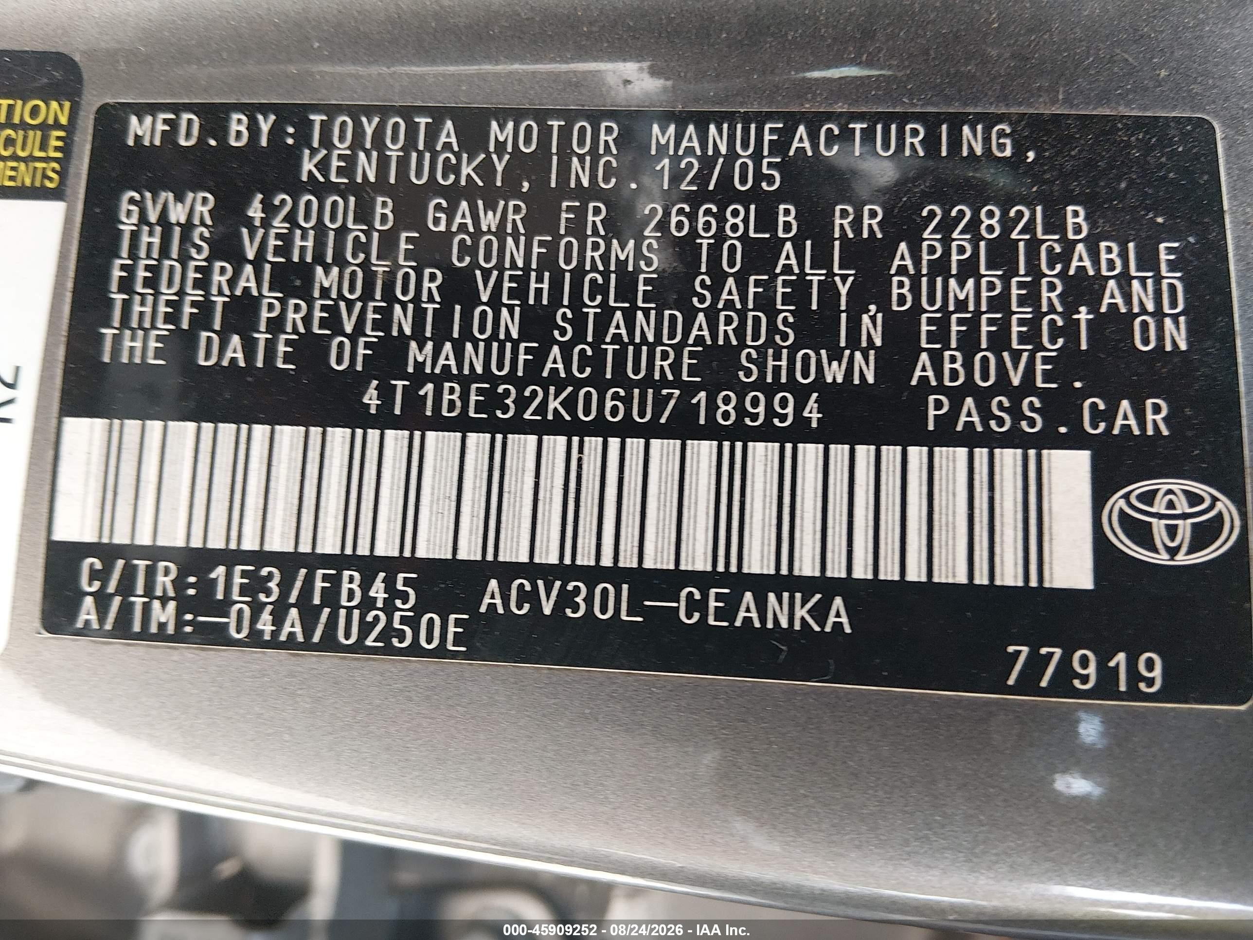 2006 Toyota Camry Le Gray vin: 4T1BE32K06U718994