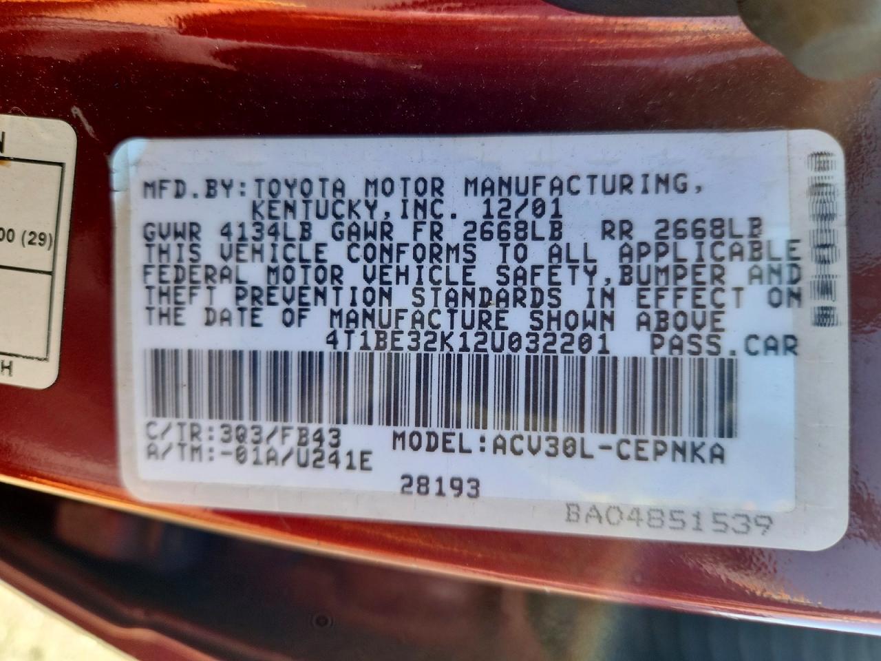 2002 Toyota Camry Le Maroon vin: 4T1BE32K12U032201