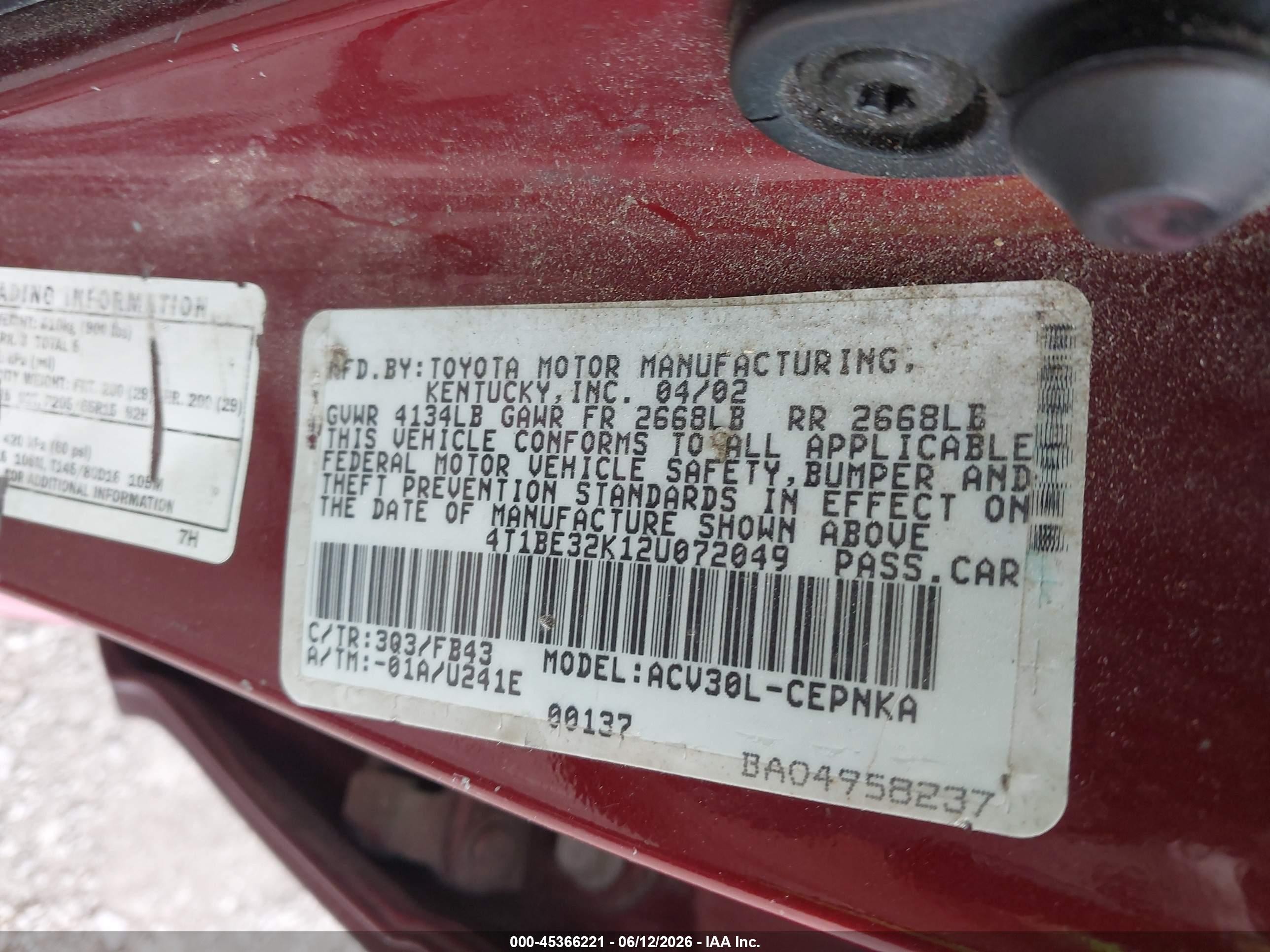 2002 Toyota Camry Le Burgundy vin: 4T1BE32K12U072049