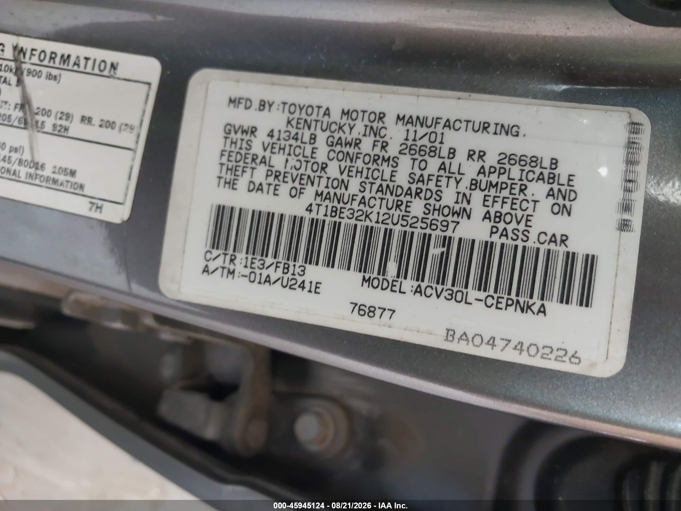 2002 Toyota Camry Le Beige vin: 4T1BE32K12U525697
