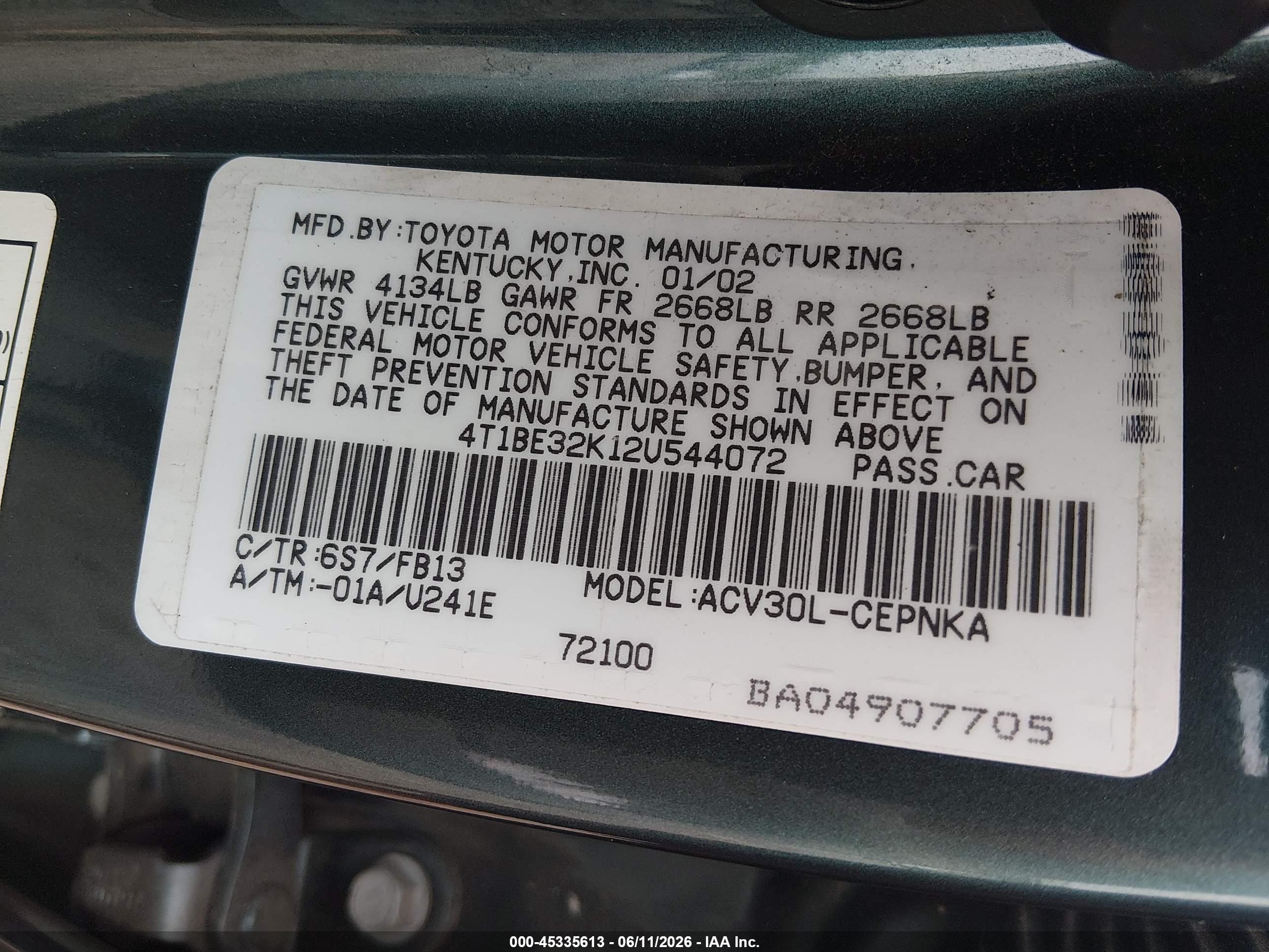 2002 Toyota Camry Le Green vin: 4T1BE32K12U544072