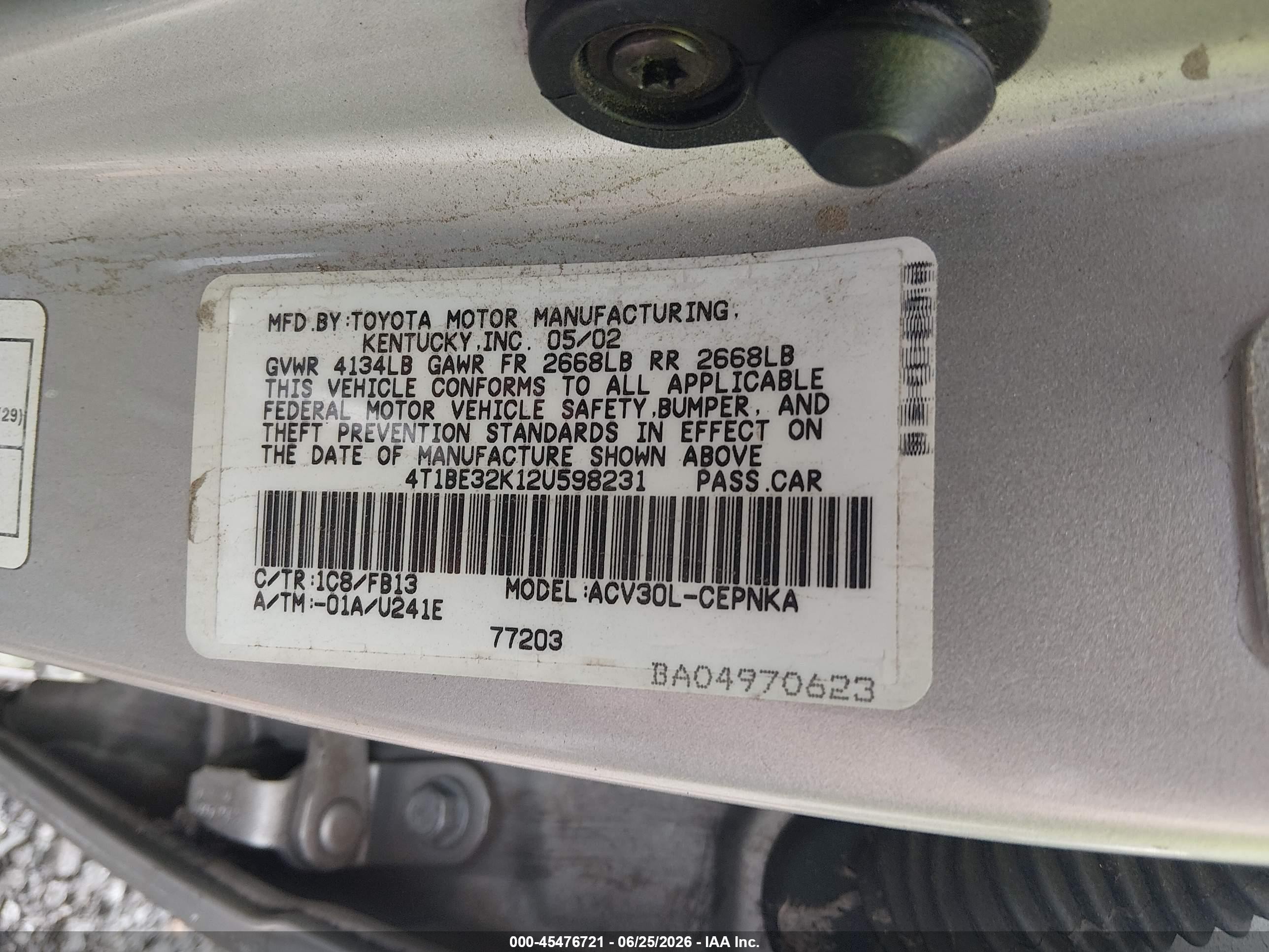 2002 Toyota Camry Le Silver vin: 4T1BE32K12U598231