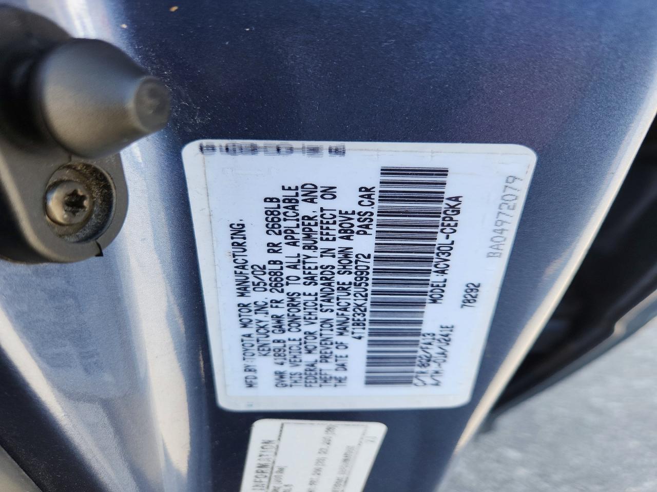 2002 Toyota Camry 4d 4wd Blue vin: 4T1BE32K12U599072