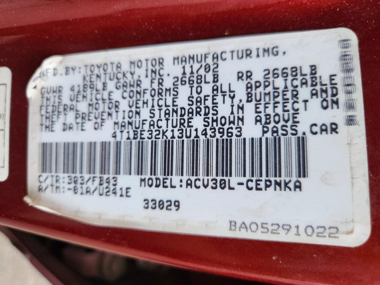 2003 Toyota Camry Le Burgundy vin: 4T1BE32K13U143963