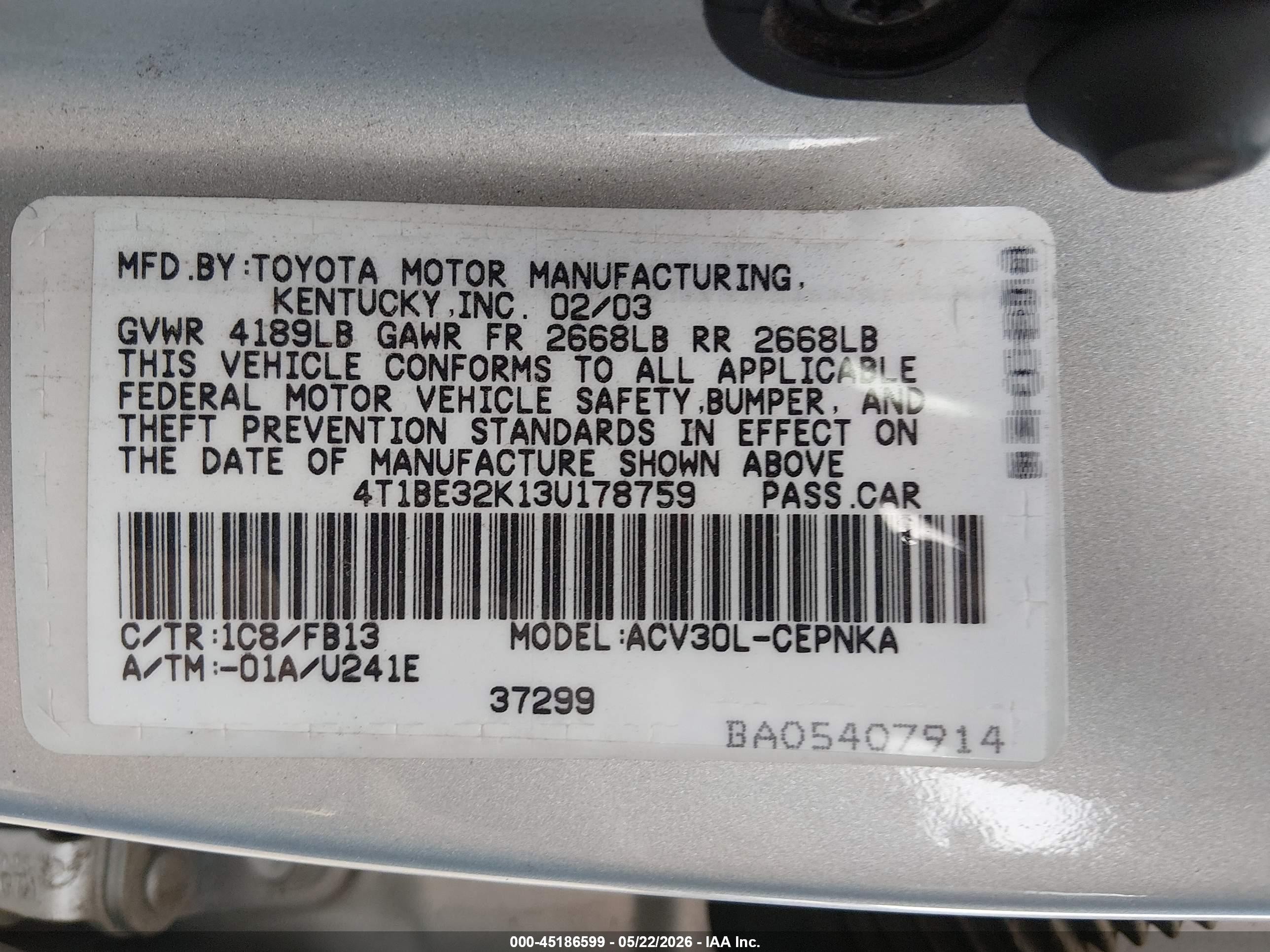 2003 Toyota Camry Le Silver vin: 4T1BE32K13U178759
