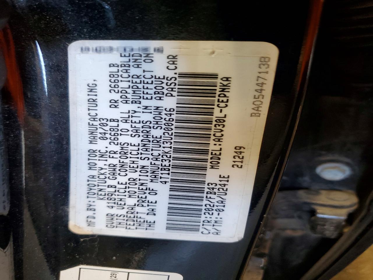 2003 Toyota Camry Le Черный vin: 4T1BE32K13U200646