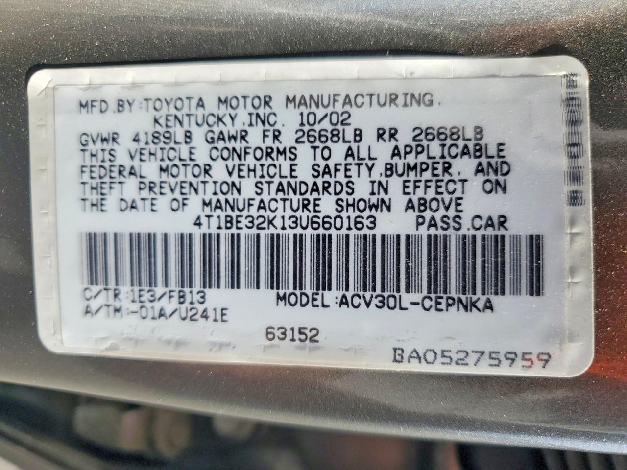 2003 Toyota Camry Le Серый vin: 4T1BE32K13U660163