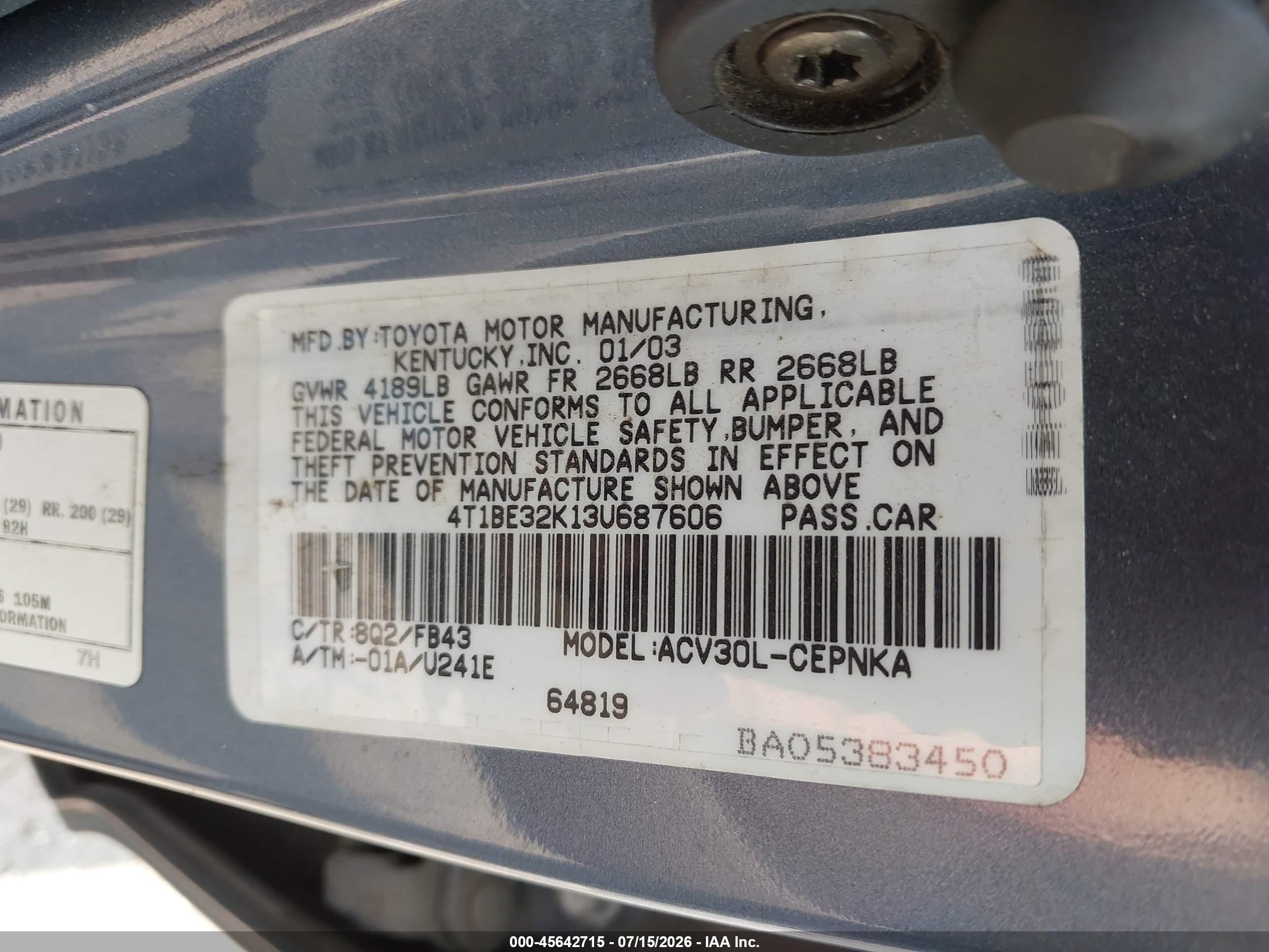 2003 Toyota Camry Le Light Blue vin: 4T1BE32K13U687606