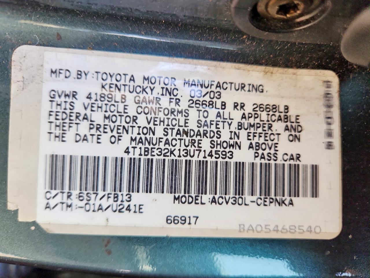 2003 Toyota Camry Le Green vin: 4T1BE32K13U714593