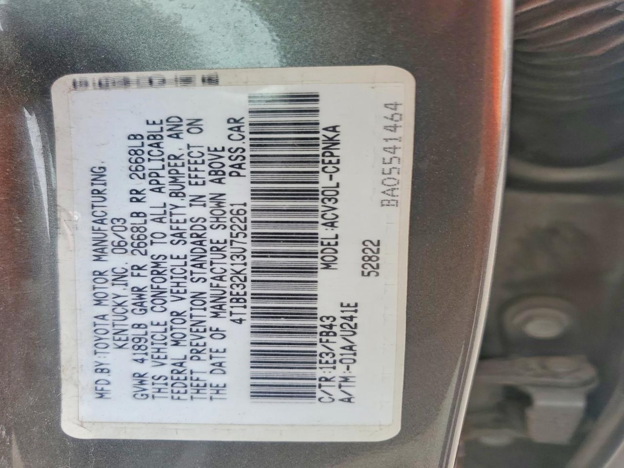 2003 Toyota Camry Le Silver vin: 4T1BE32K13U752261