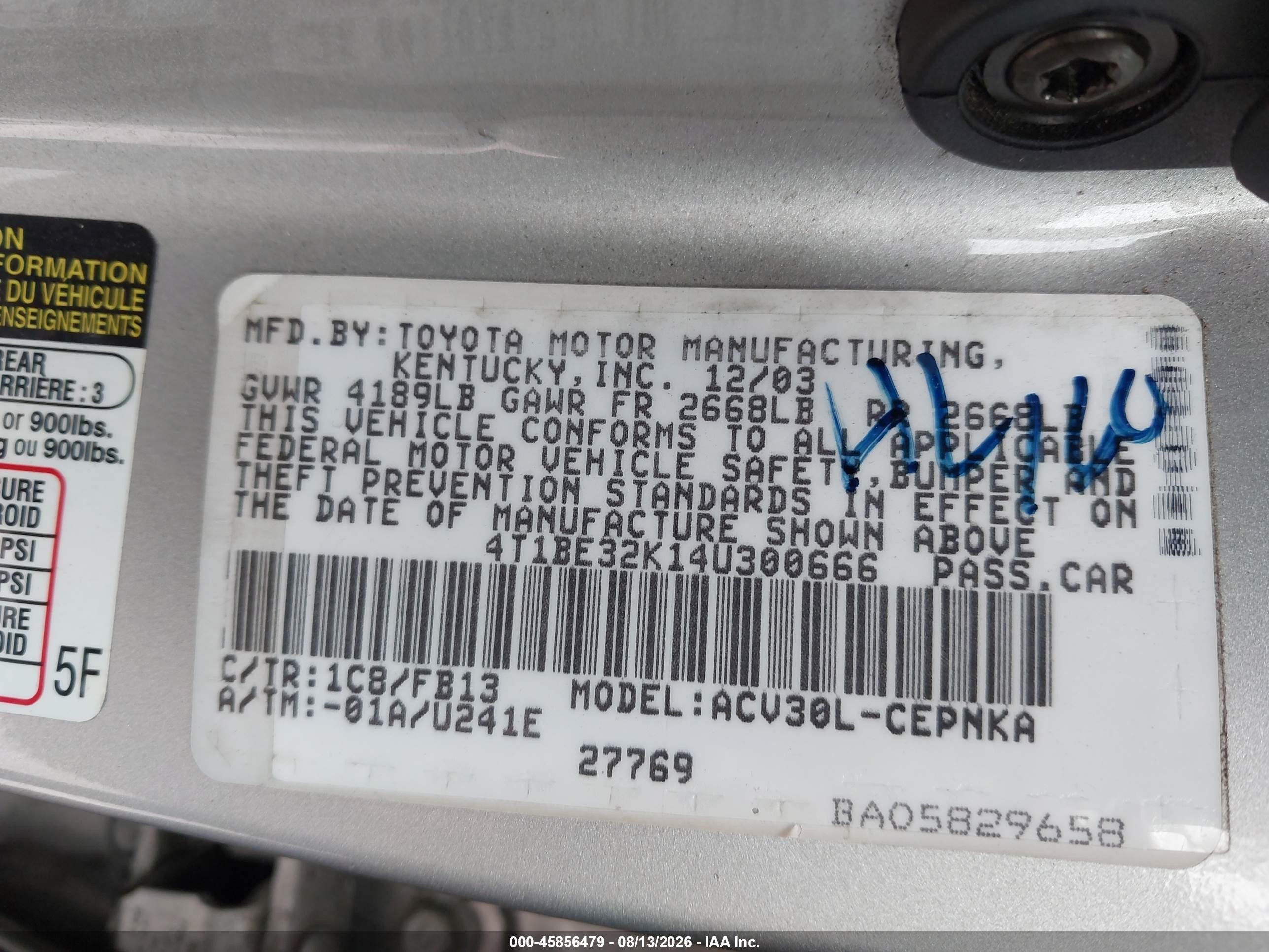 2004 Toyota Camry Le Silver vin: 4T1BE32K14U300666