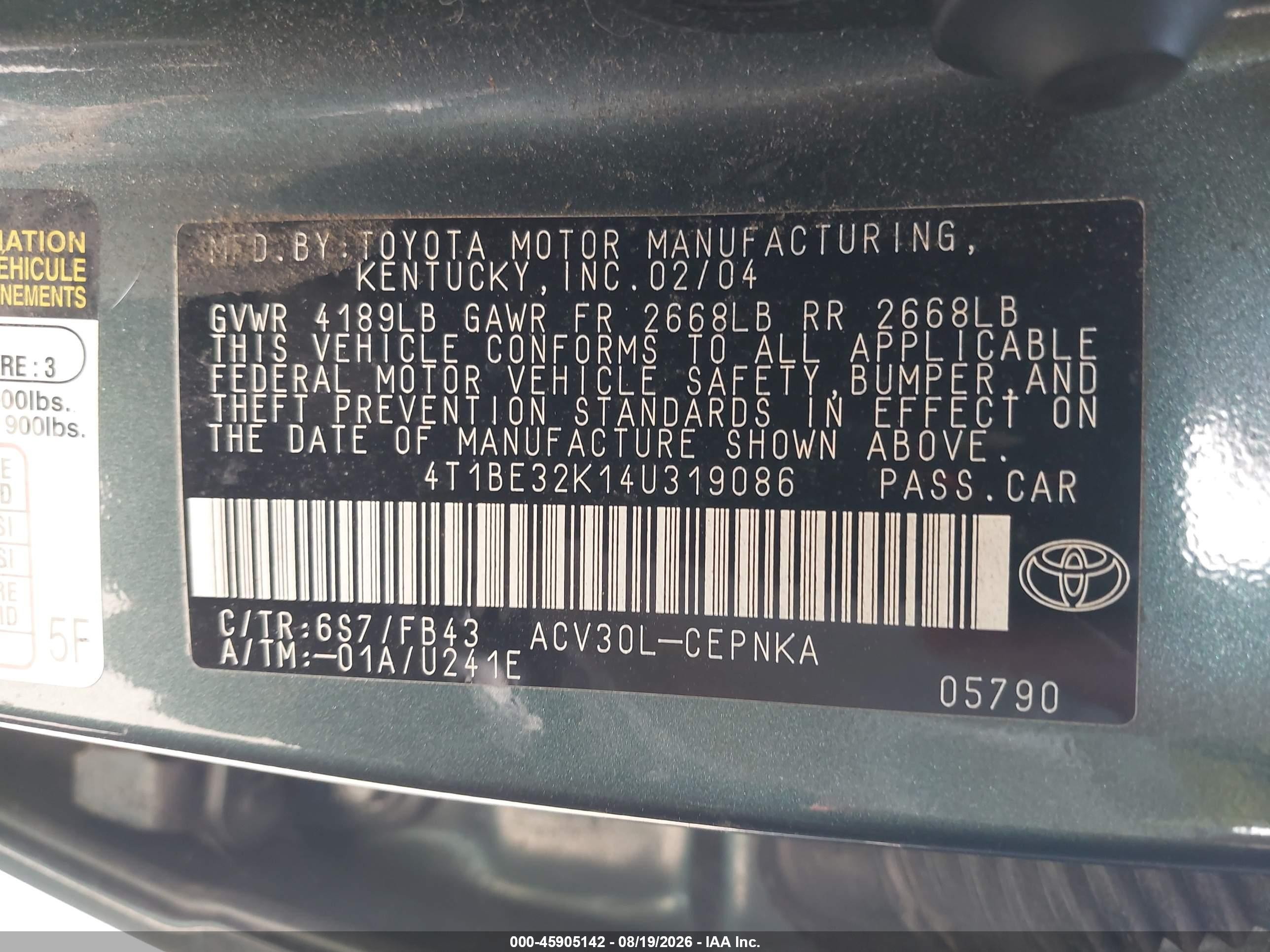 2004 Toyota Camry Le Green vin: 4T1BE32K14U319086