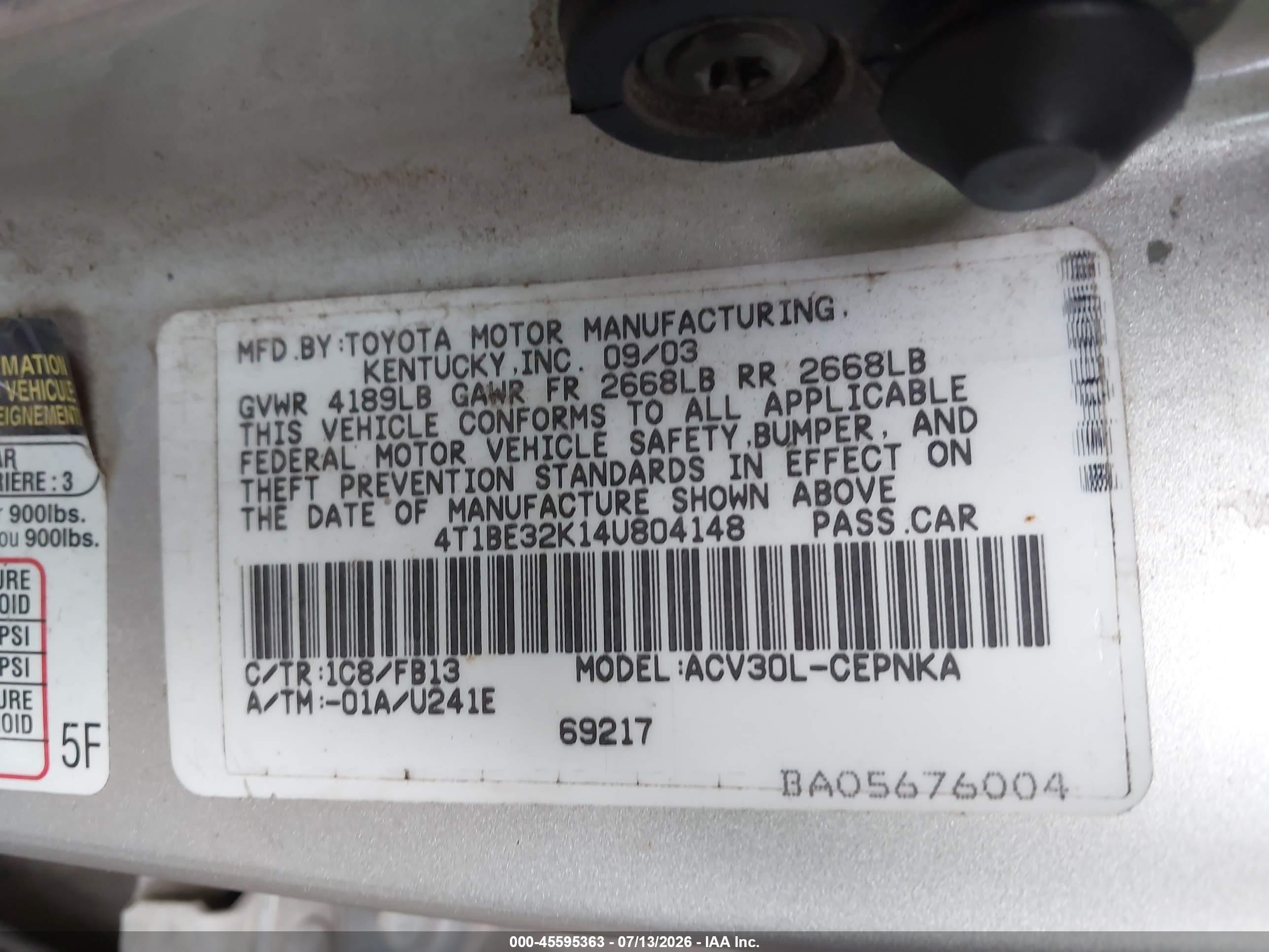 2004 Toyota Camry Le Tan vin: 4T1BE32K14U804148