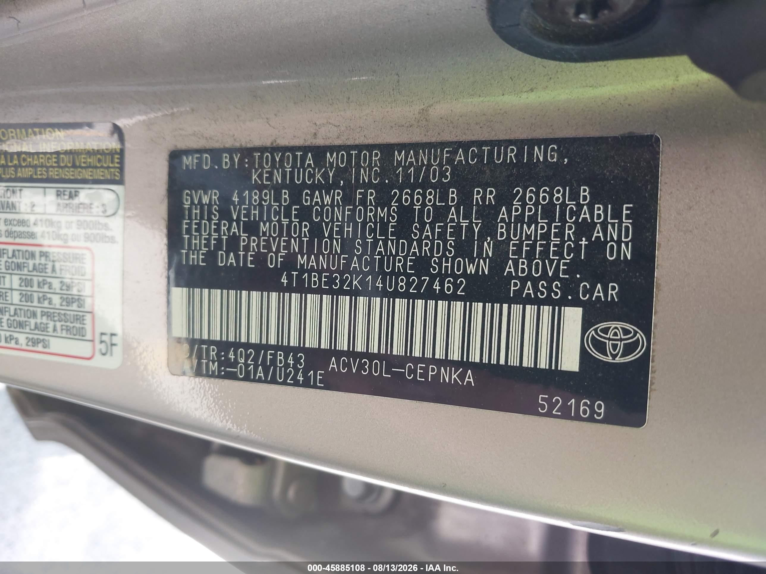 2004 Toyota Camry Le Brown vin: 4T1BE32K14U827462