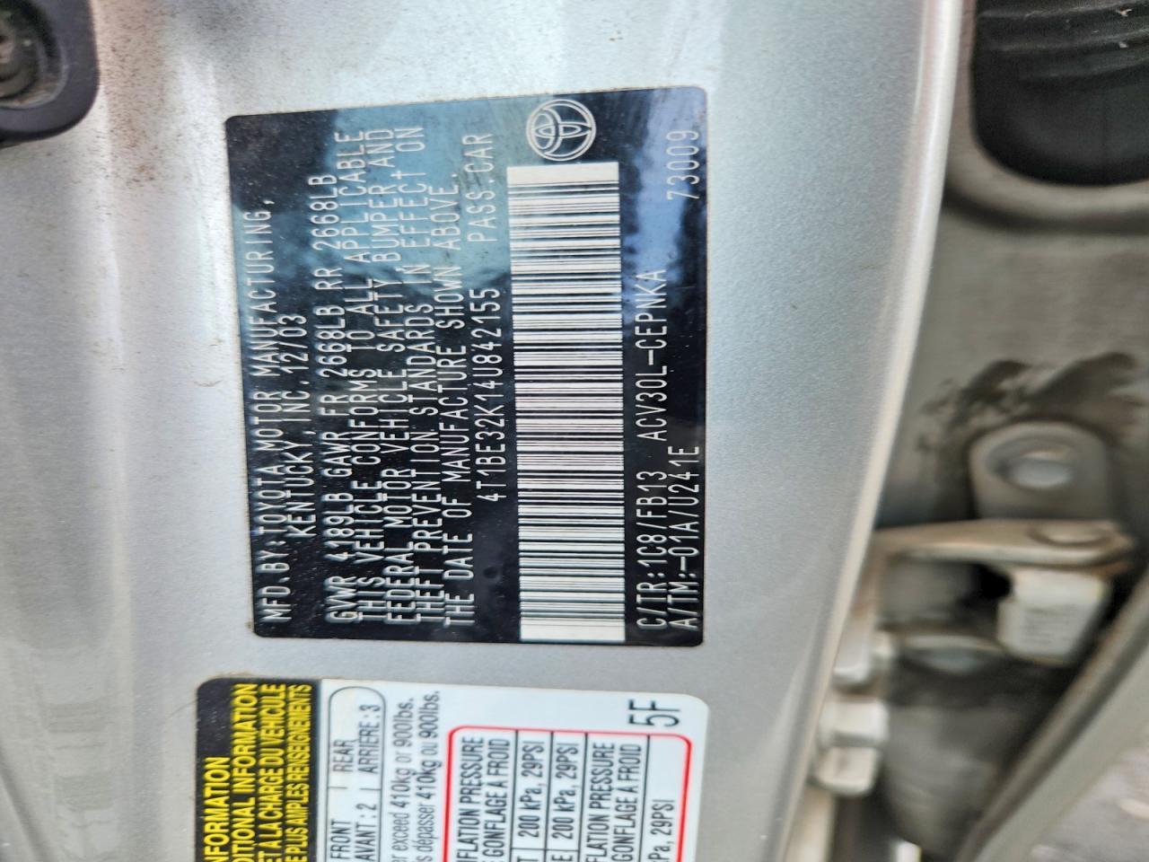 2004 Toyota Camry Le Silver vin: 4T1BE32K14U842155