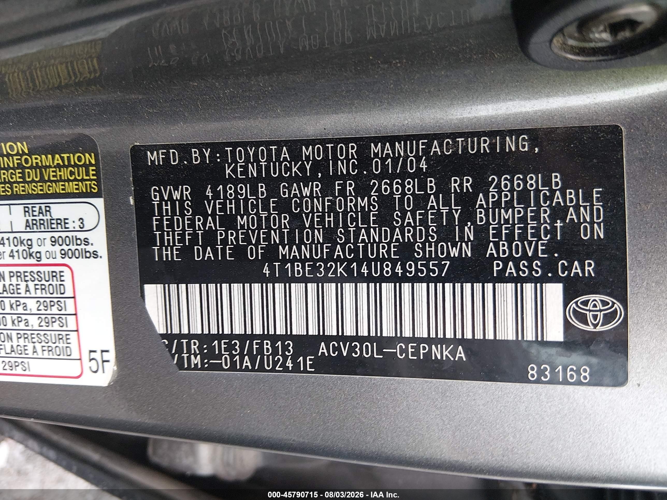 2004 Toyota Camry Le Gray vin: 4T1BE32K14U849557