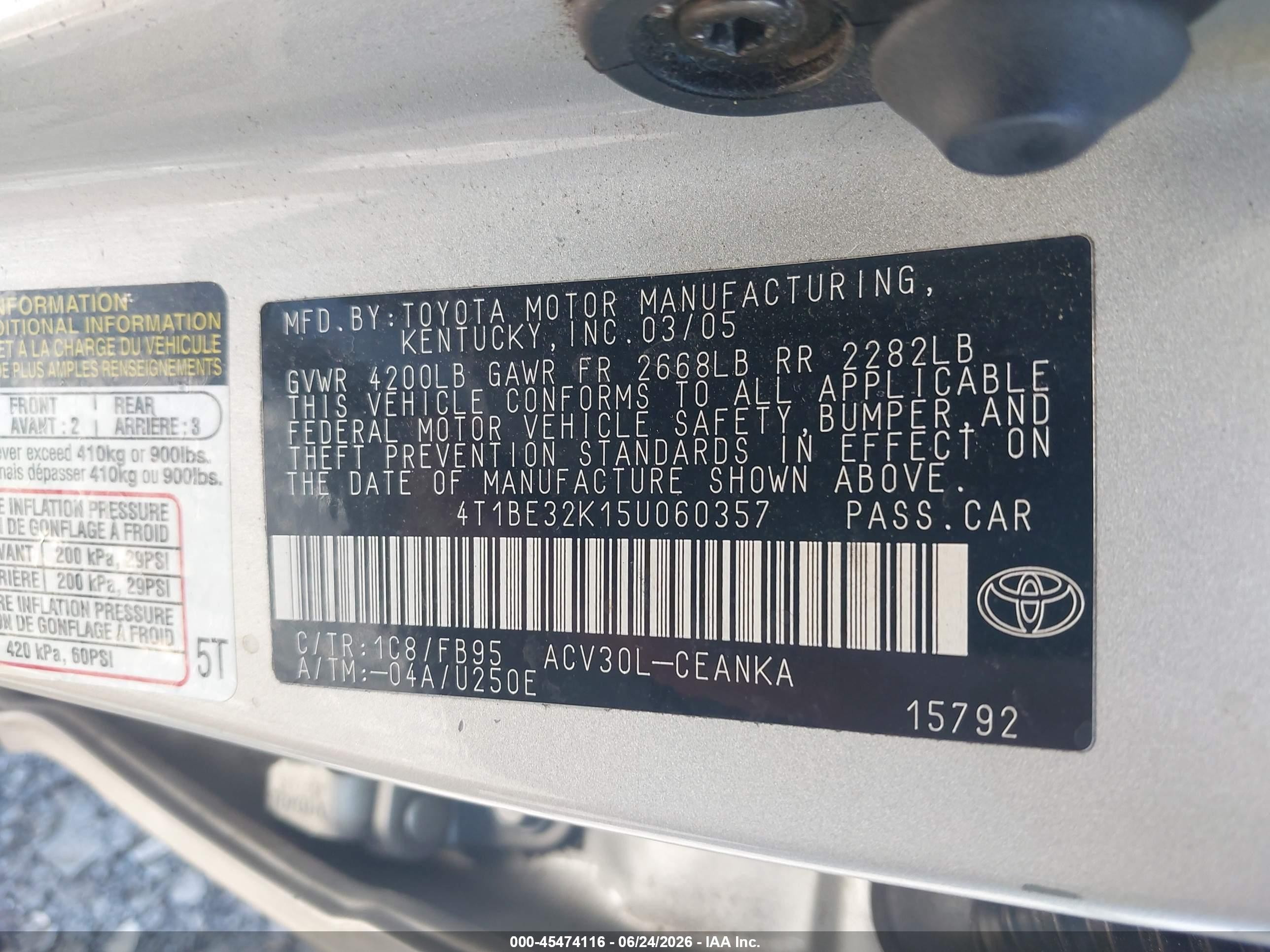 2005 Toyota Camry Std Gray vin: 4T1BE32K15U060357