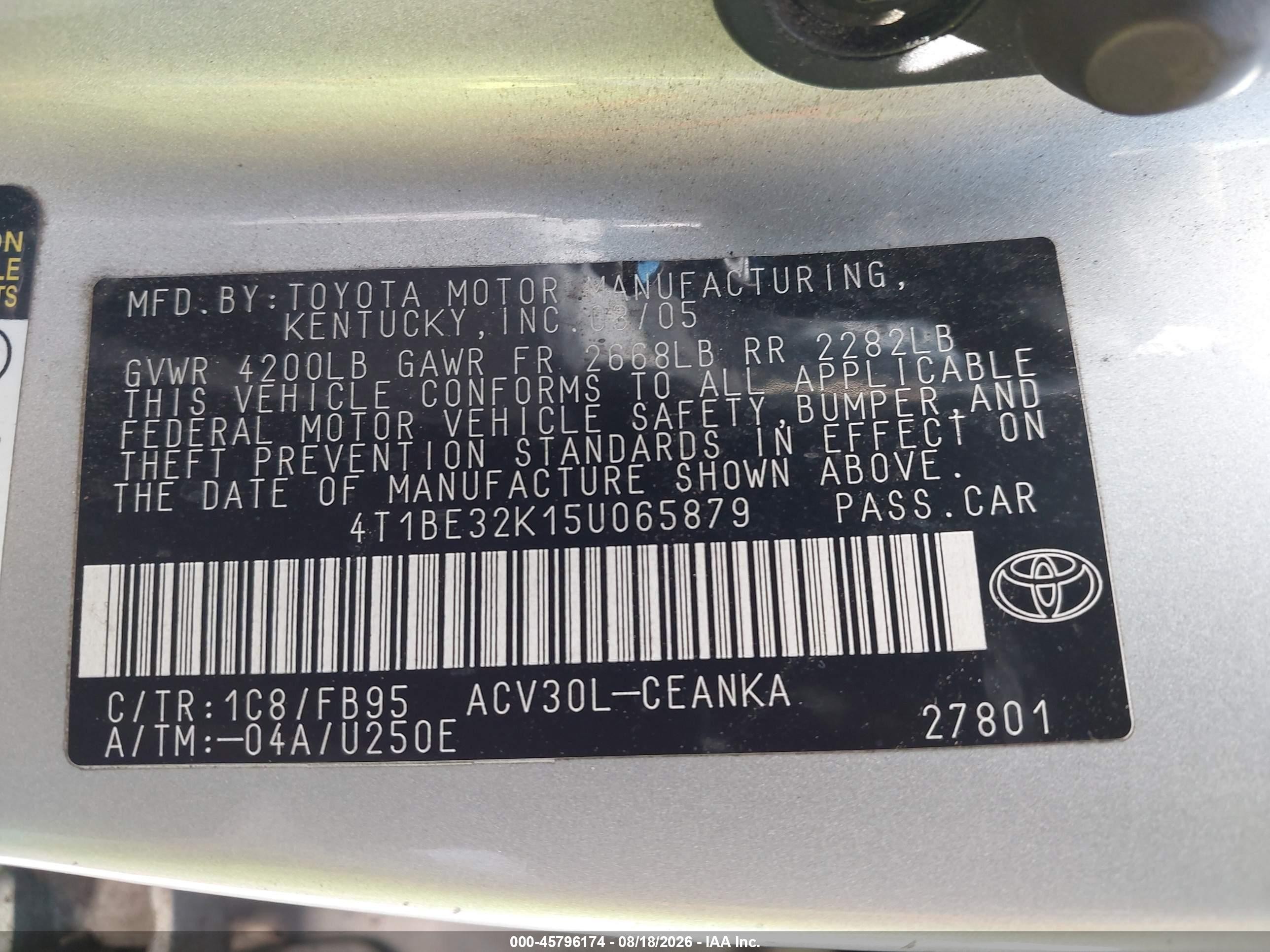 2005 Toyota Camry Le Gray vin: 4T1BE32K15U065879