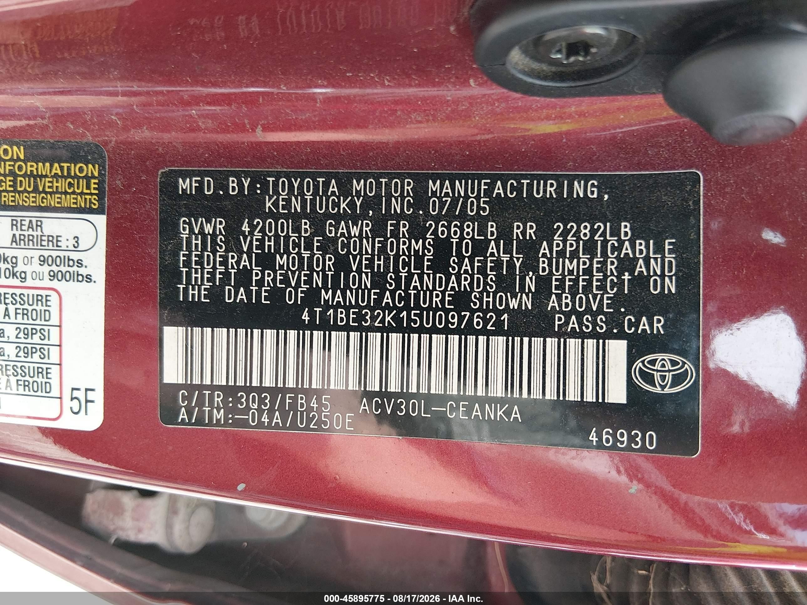 2005 Toyota Camry Le Burgundy vin: 4T1BE32K15U097621