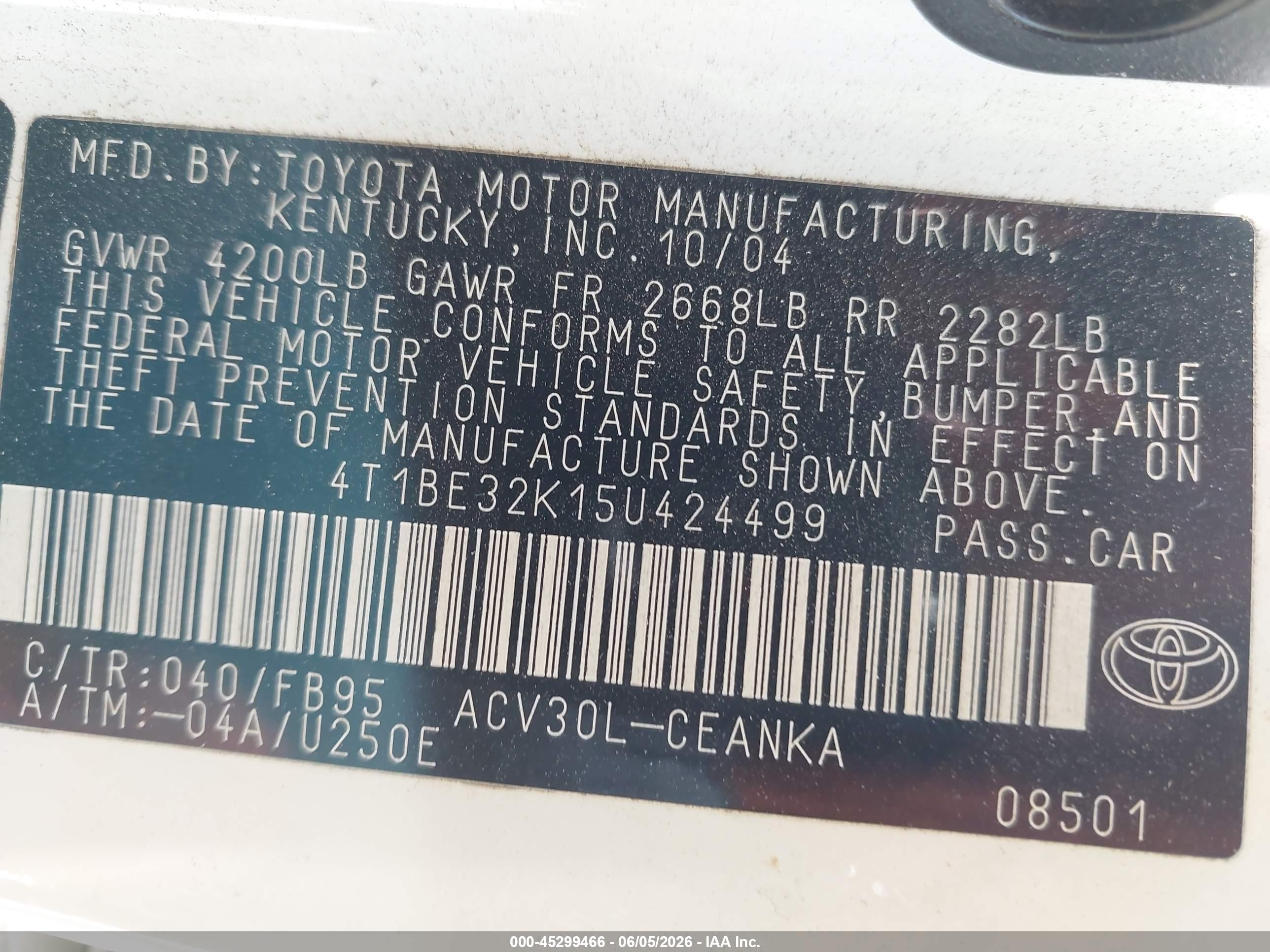 2005 Toyota Camry Le White vin: 4T1BE32K15U424499