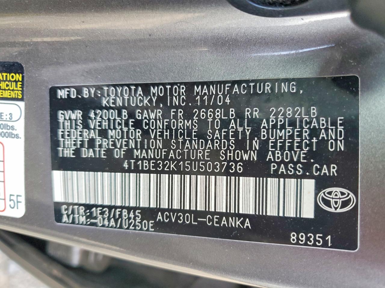 2005 Toyota Camry Le Серый vin: 4T1BE32K15U503736
