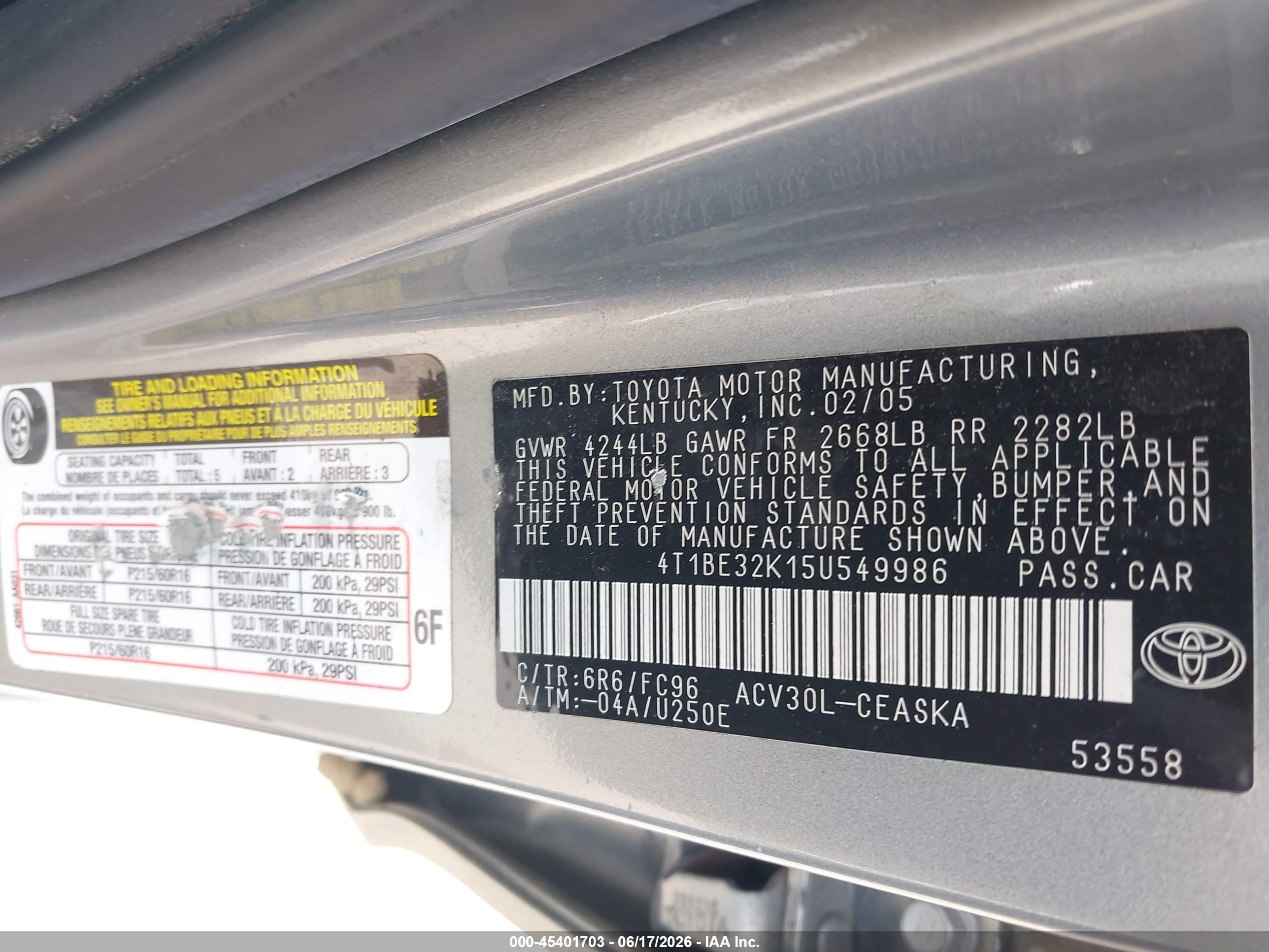 2005 Toyota Camry Se Gray vin: 4T1BE32K15U549986