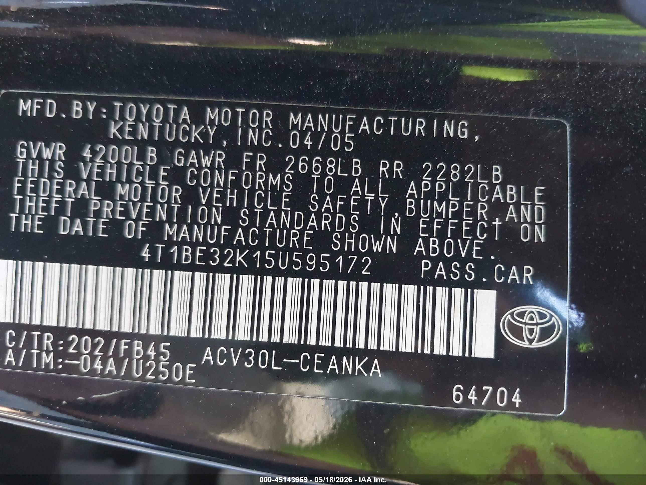 2005 Toyota Camry Le Black vin: 4T1BE32K15U595172