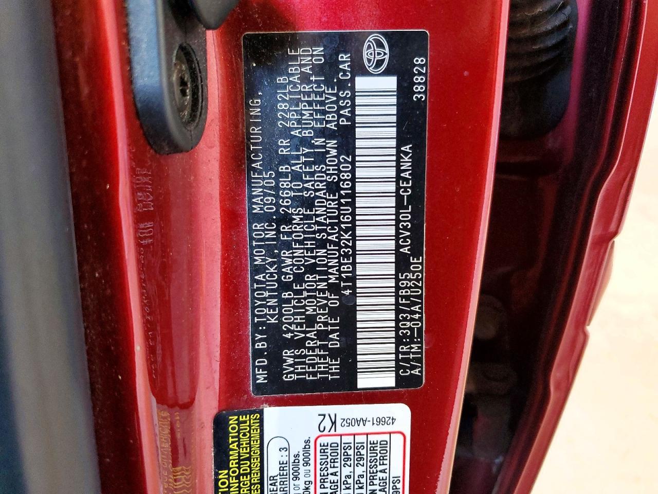 2006 Toyota Camry Le Бордовый vin: 4T1BE32K16U116802