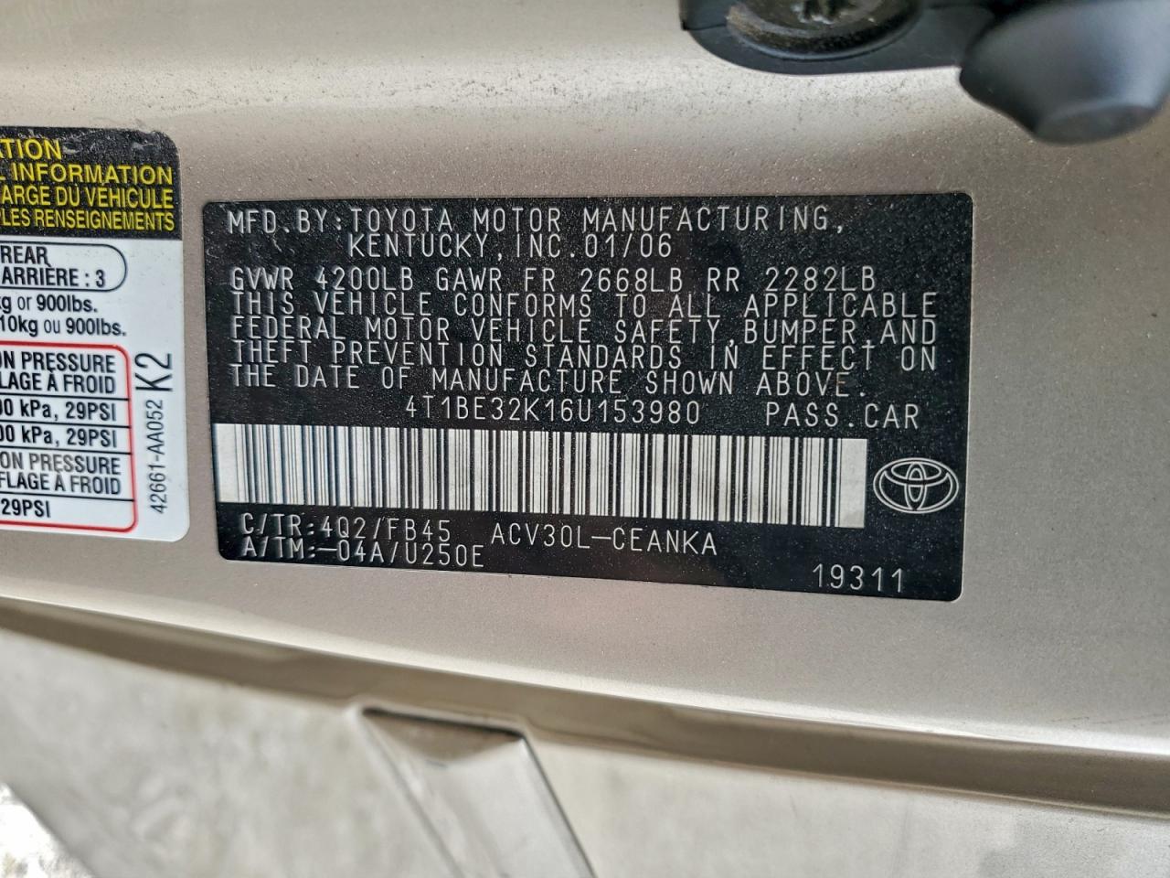 2006 Toyota Camry Tan vin: 4T1BE32K16U153980