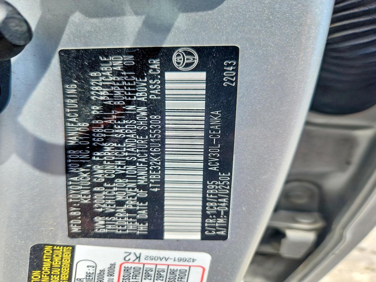 2006 Toyota Camry Le Silver vin: 4T1BE32K16U155308