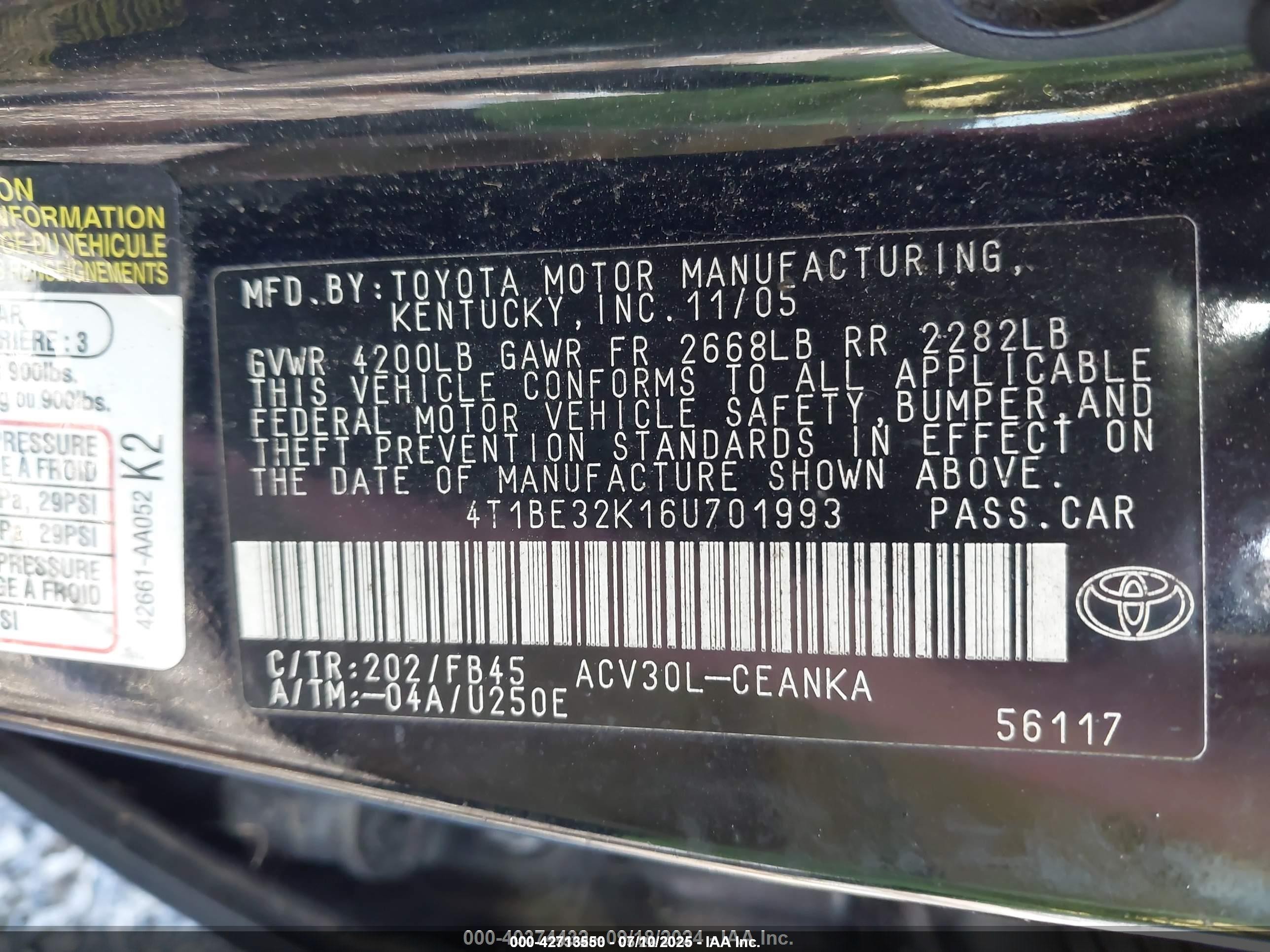 2006 Toyota Camry Le vin: 4T1BE32K16U701993