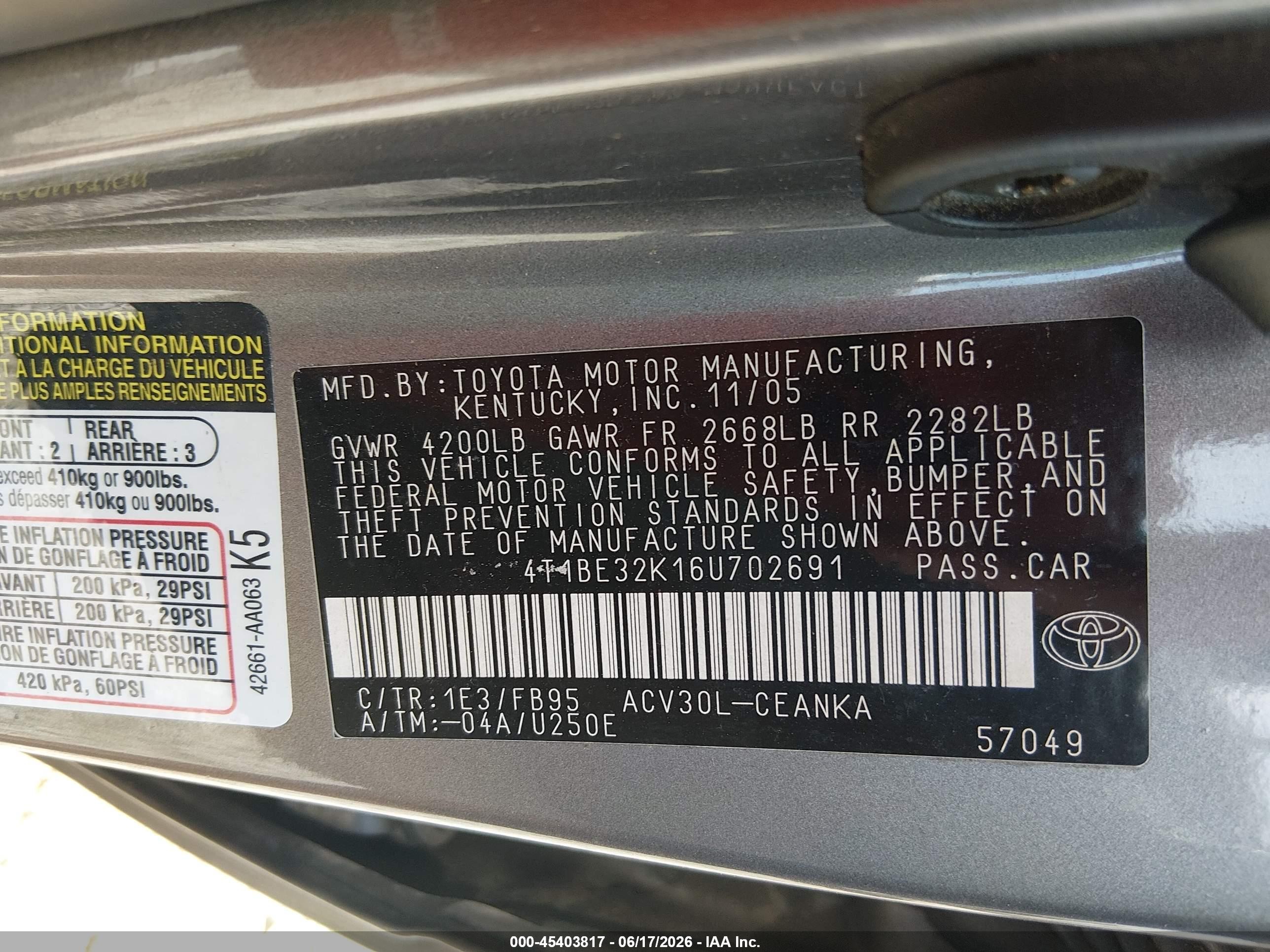 2006 Toyota Camry Std Серый vin: 4T1BE32K16U702691