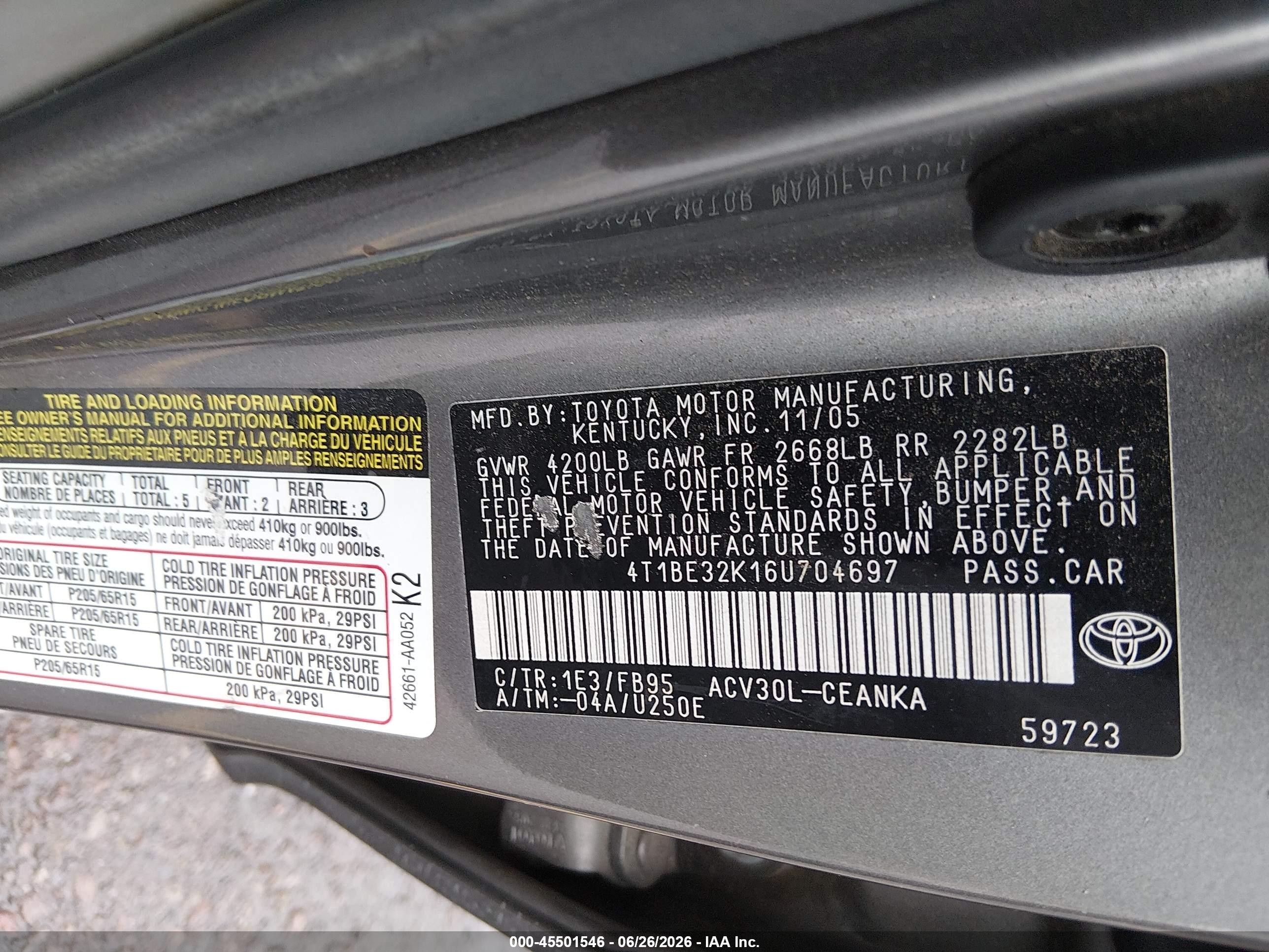2006 Toyota Camry Le Gray vin: 4T1BE32K16U704697