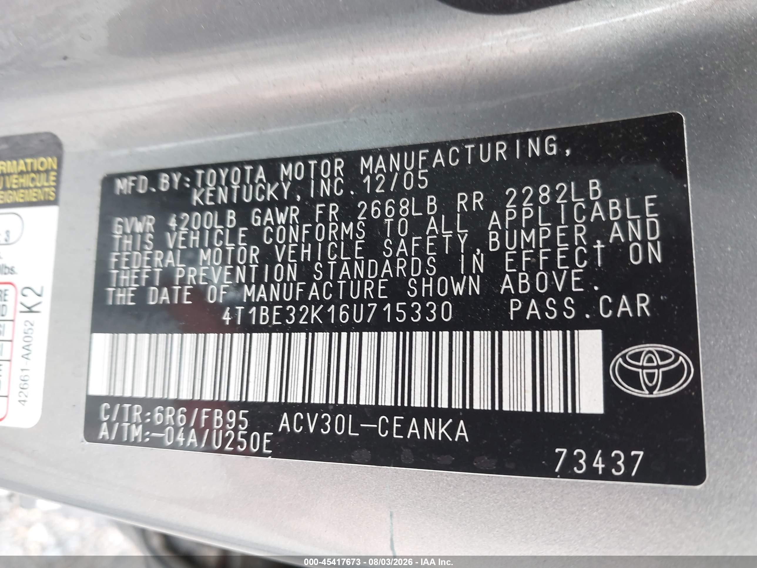 2006 Toyota Camry Le Gray vin: 4T1BE32K16U715330