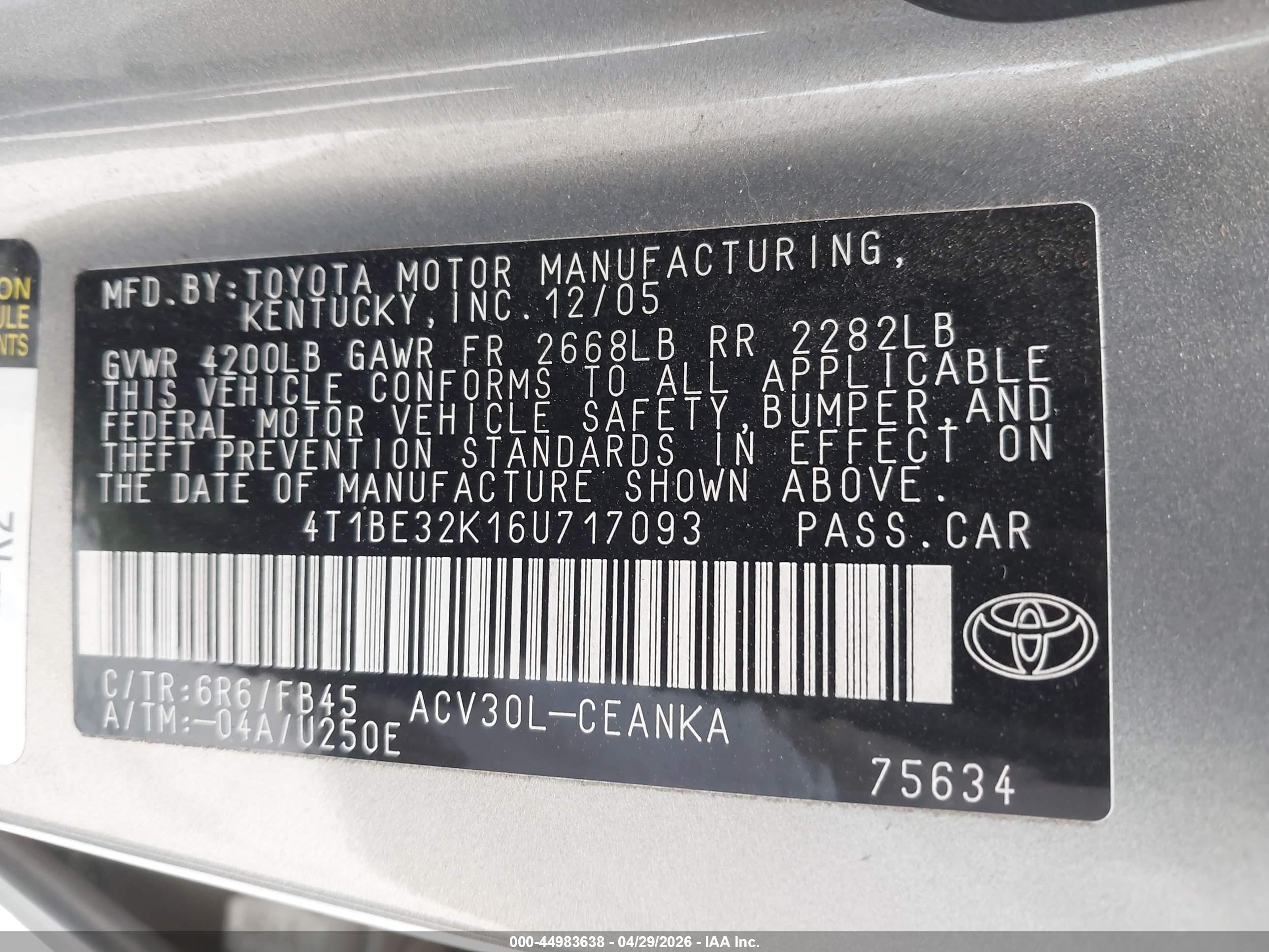 2006 Toyota Camry Le Silver vin: 4T1BE32K16U717093