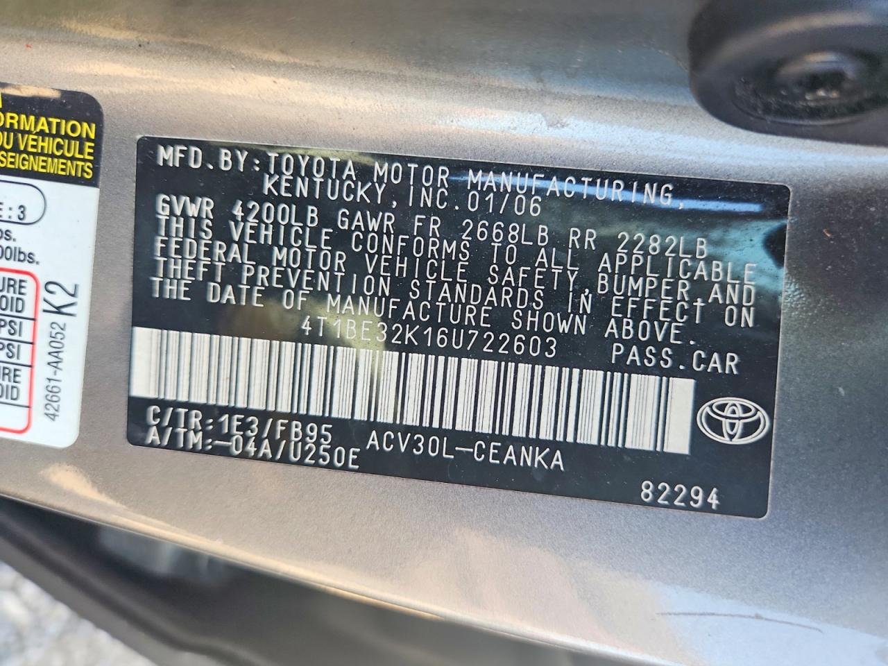2006 Toyota Camry Le Gray vin: 4T1BE32K16U722603
