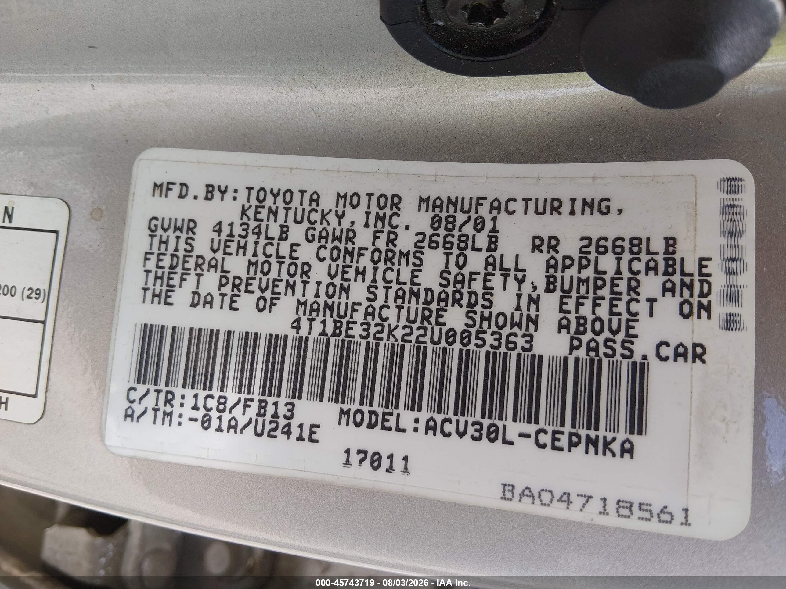 2002 Toyota Camry Le Серебряный vin: 4T1BE32K22U005363