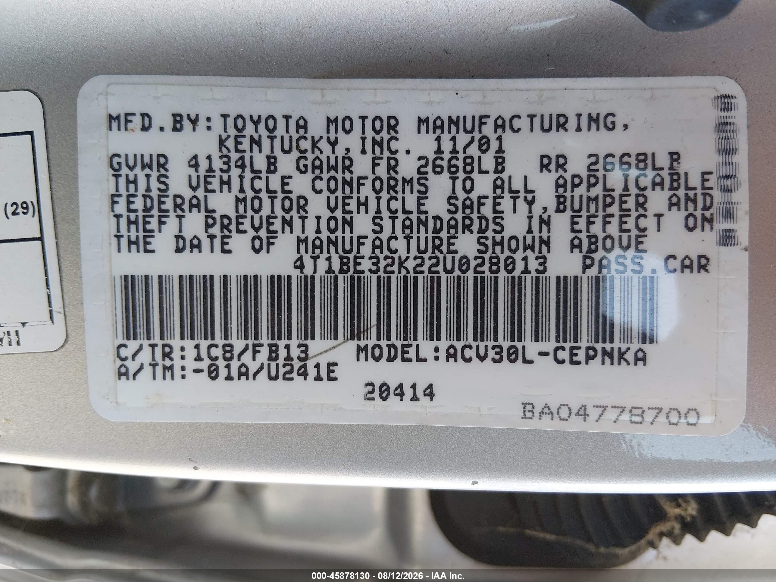 2002 Toyota Camry Le Silver vin: 4T1BE32K22U028013
